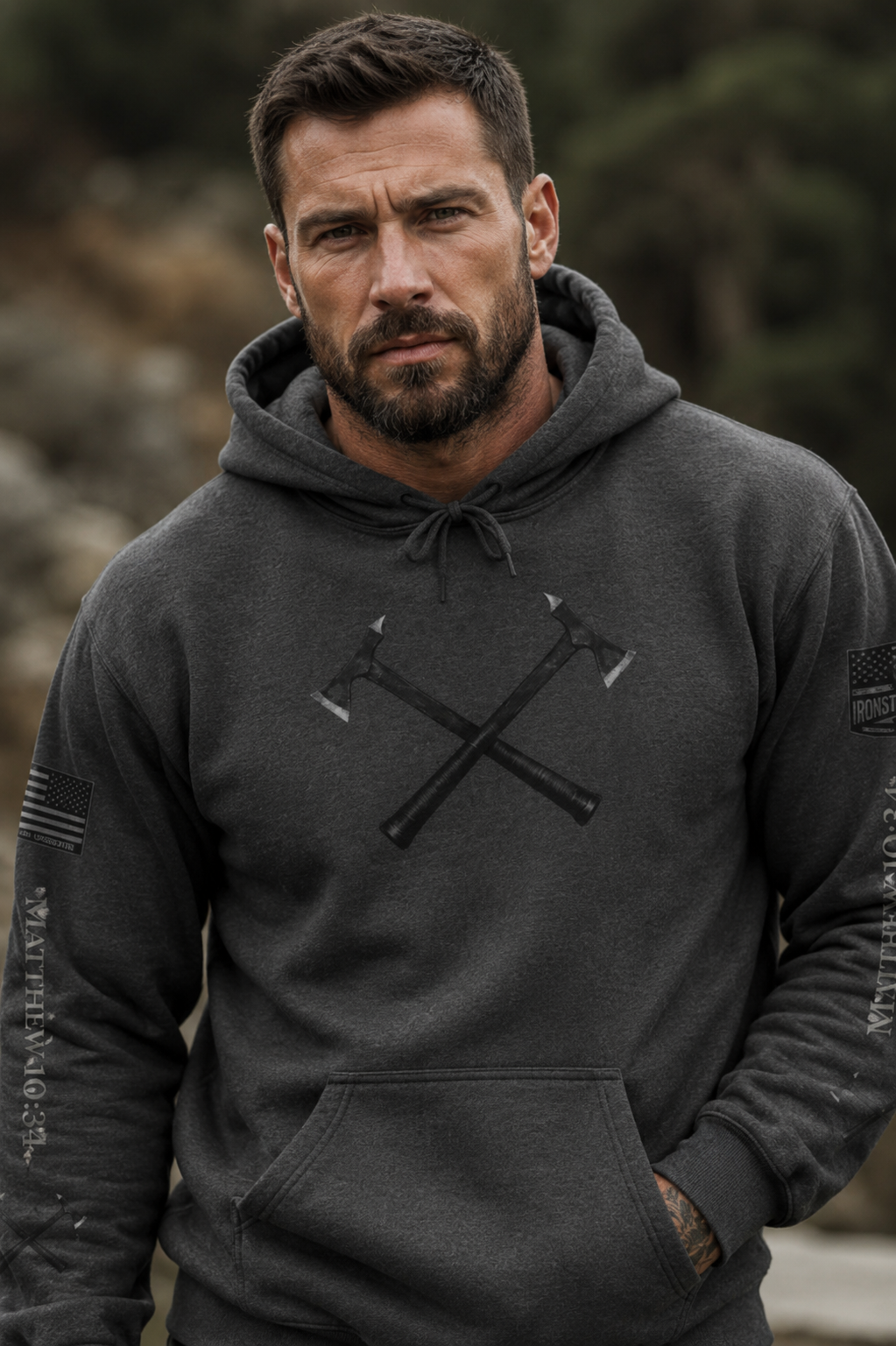 Picture of a person wearing a Marine Raider Hoodie. 