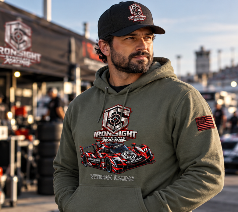 Ironsight Syndicate Racing Hoodie - Lifestyle Photo (Front) | Ironsight Syndicate
