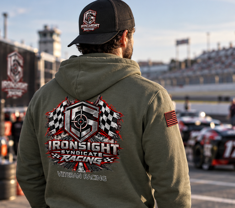 Ironsight Syndicate Racing Hoodie - Lifestyle Photo (Back Print) | Ironsight Syndicate
