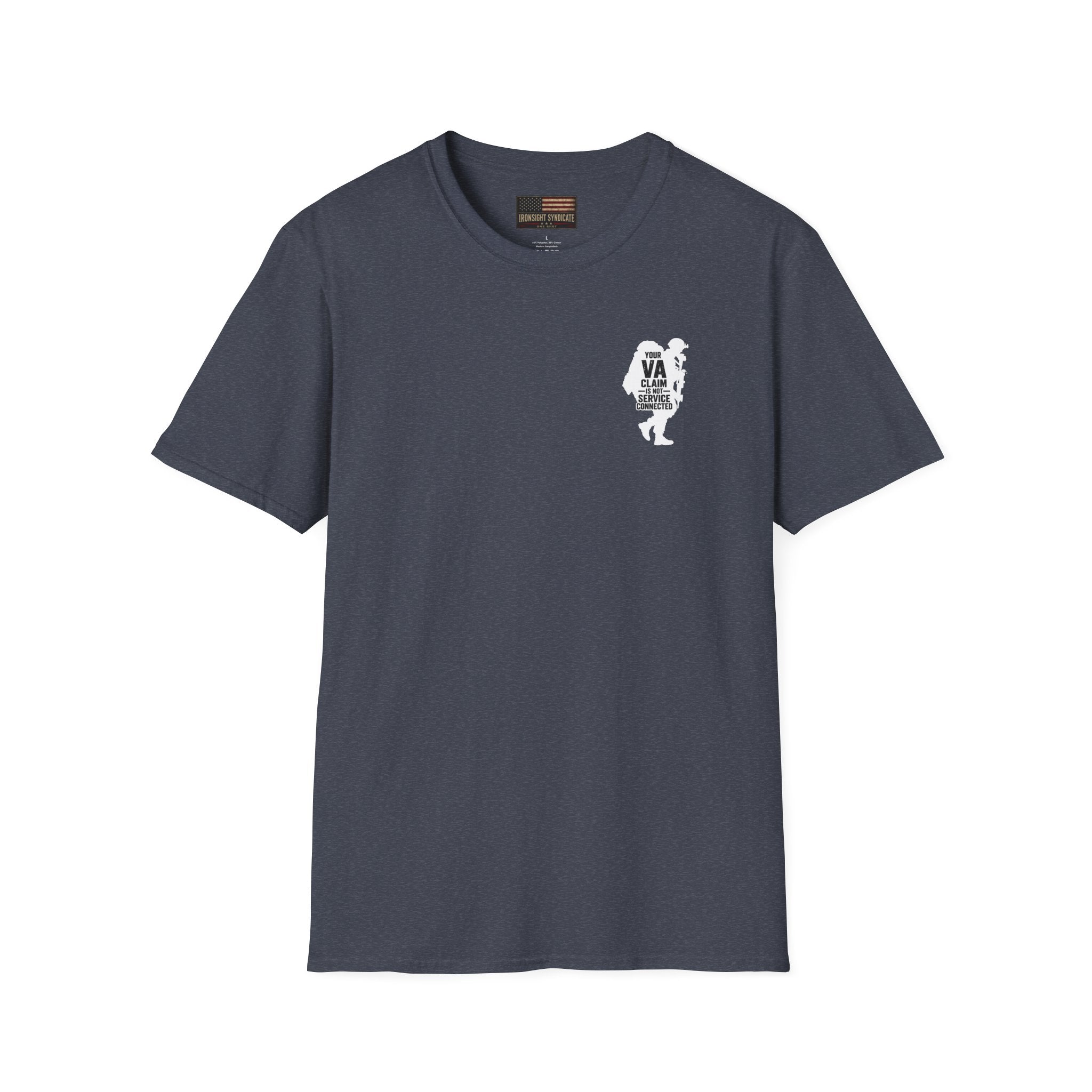 VA Knee Injury is not Service Connected T-Shirt (White Graphic) - Heather Navy | Ironsight Syndicate