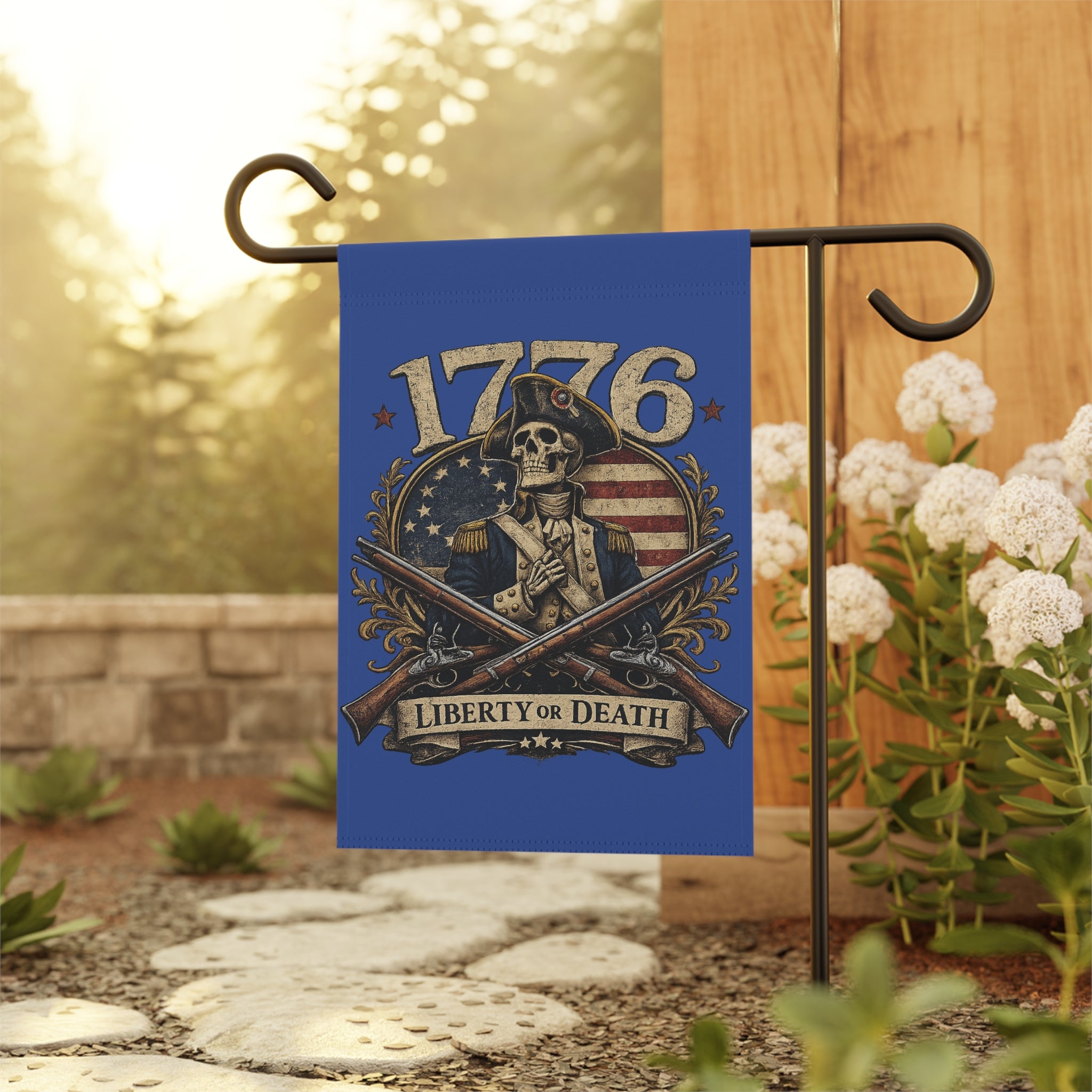 Skully Blue Patriotic 1776 Garden Flag – 'Liberty or Death' Eagle House Banner