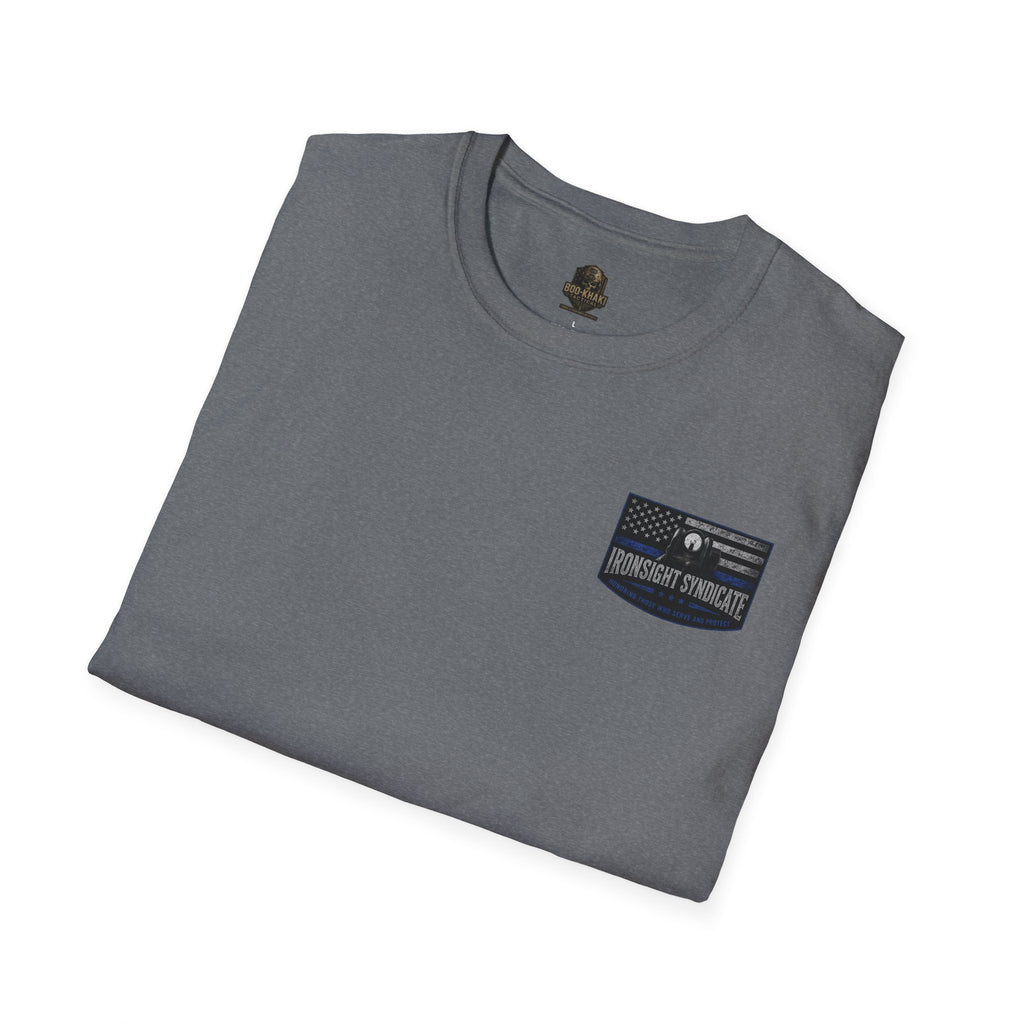 Thin Blue Line- In honor of our Brothers and Sisters in Blue T-Shirt | Patriotic Military Graphic Tee for Veterans & Patriots, Adult (13 and up), unisex