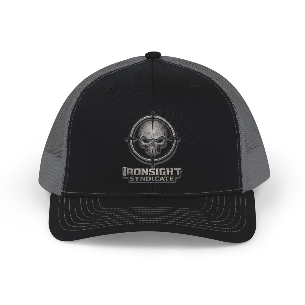 Ironsight Syndicate Snapback Trucker Cap — Tactical Skull Logo Mesh Hat