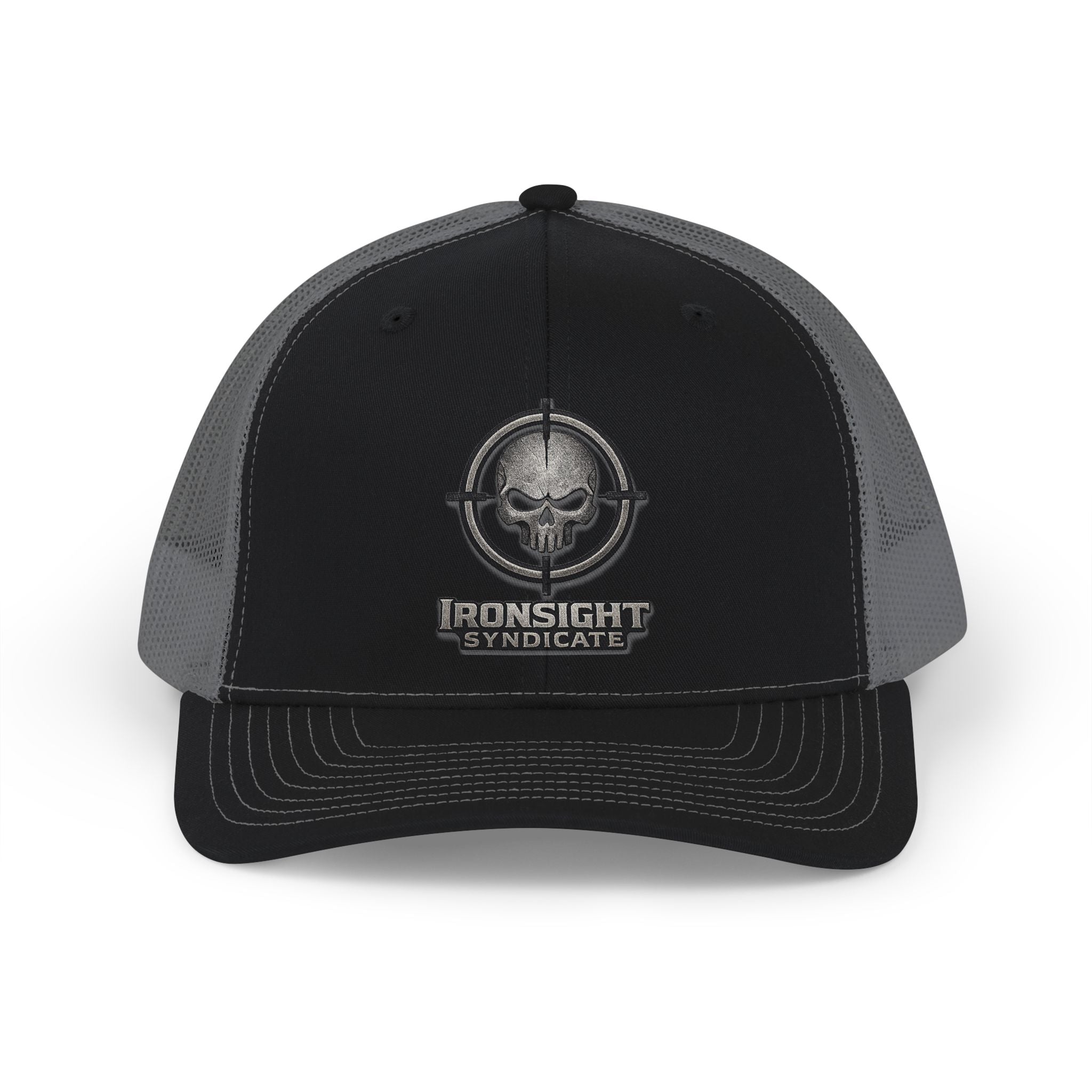 Ironsight Syndicate Snapback Trucker Cap — Tactical Skull Logo Mesh Hat