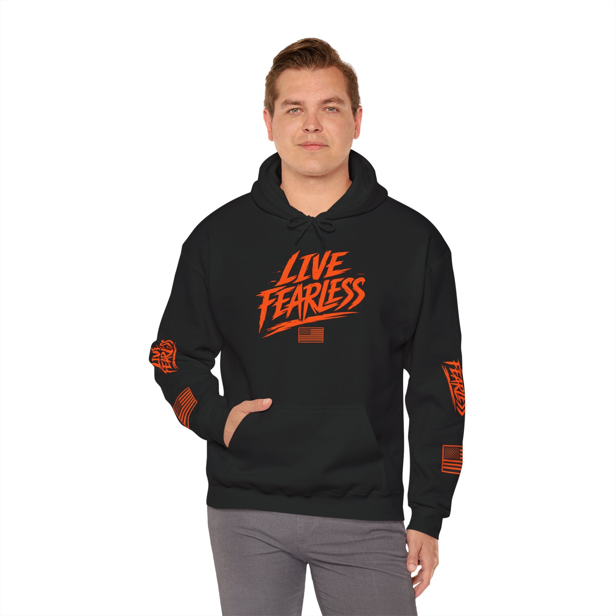 Live Fearless Hoodie (Orange)| Premium Heavy Weight-Military-Inspired Patriotic Hoodie - Black | Ironsight Syndicate