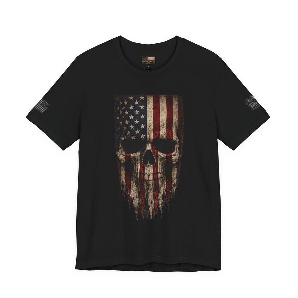 Patriotic American Flag Skull T-Shirt | Military Style Graphic Tee for Veterans & Patriots, Adult (13 and up), unisex