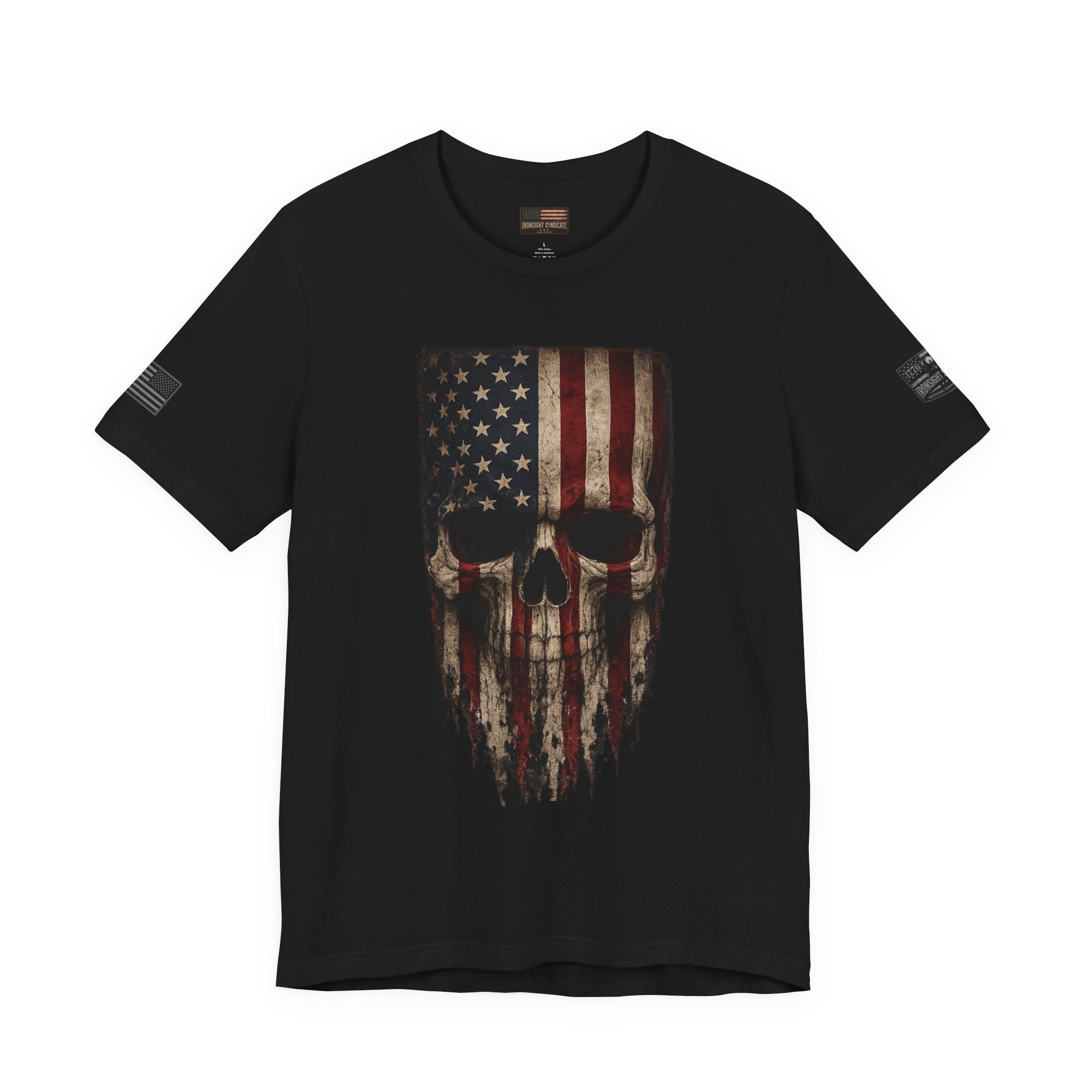 Patriotic American Flag Skull T-Shirt | Military Style Graphic Tee for Veterans & Patriots, Adult (13 and up), unisex