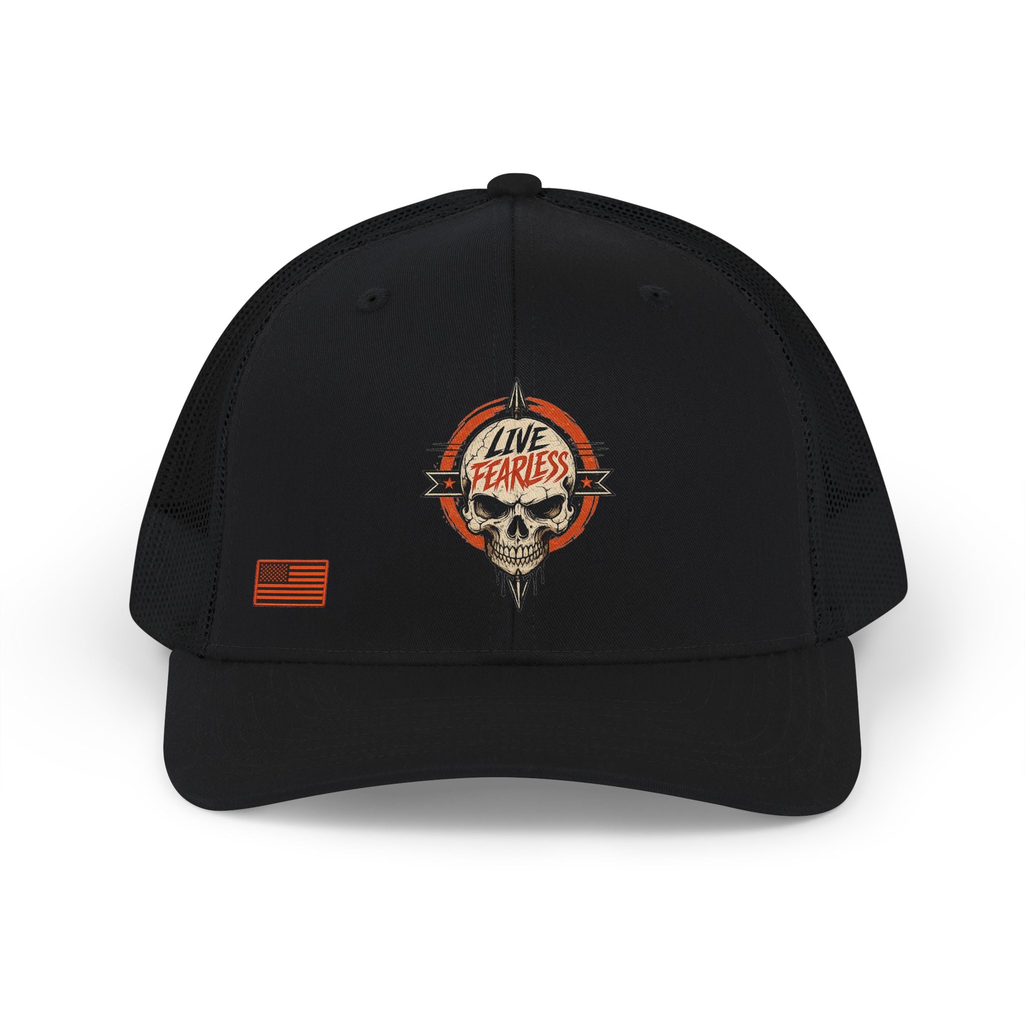 Live Fearless Skull Trucker Hat (w/o arrow) - Black / Black | Ironsight Syndicate