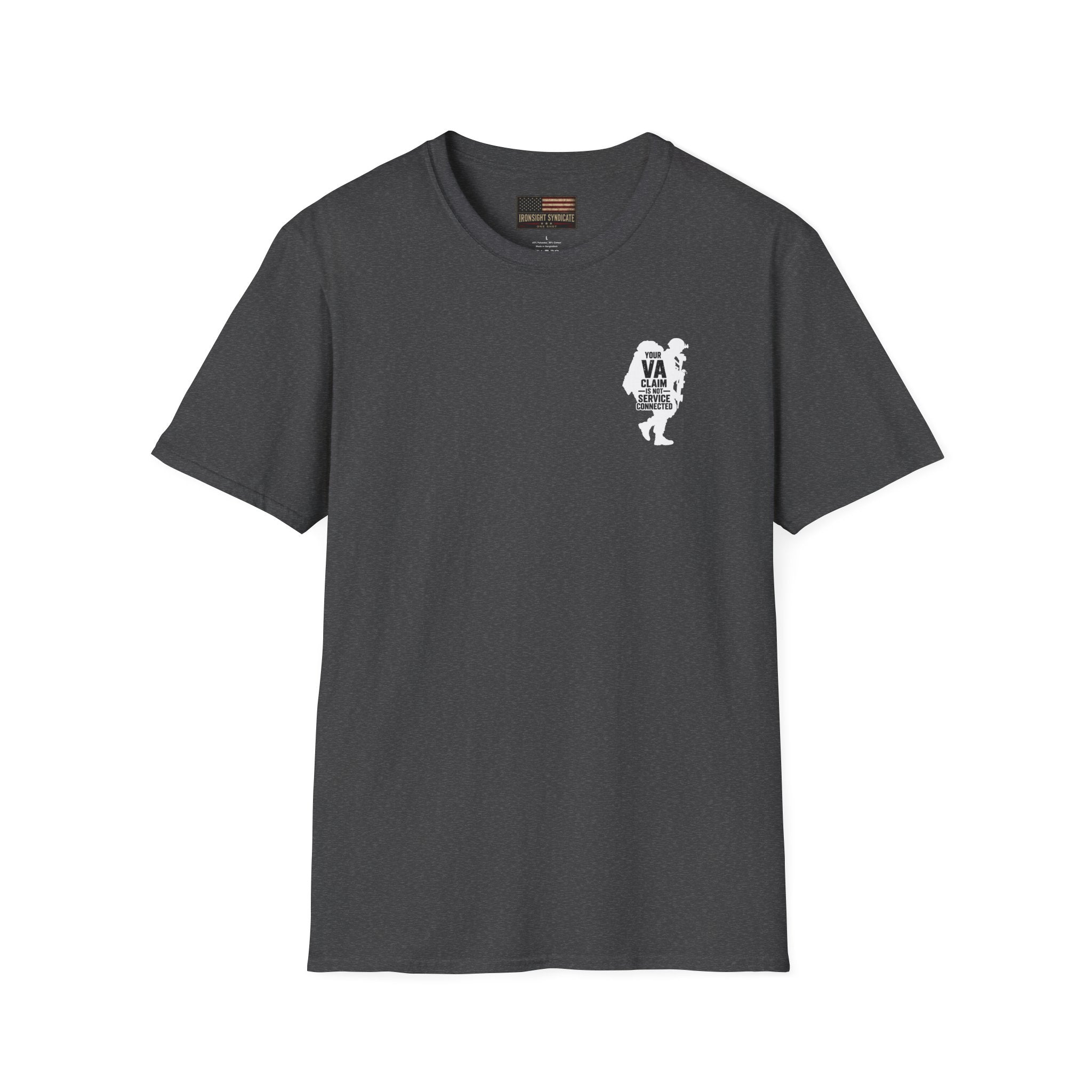 VA Knee Injury is not Service Connected T-Shirt (White Graphic) - Dark Heather | Ironsight Syndicate