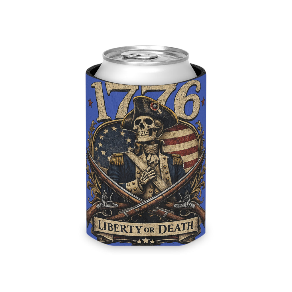 1776 Liberty or Death Patriotic Can Cooler | American Flag Skeleton Beer Koozie for Veterans & Patriots