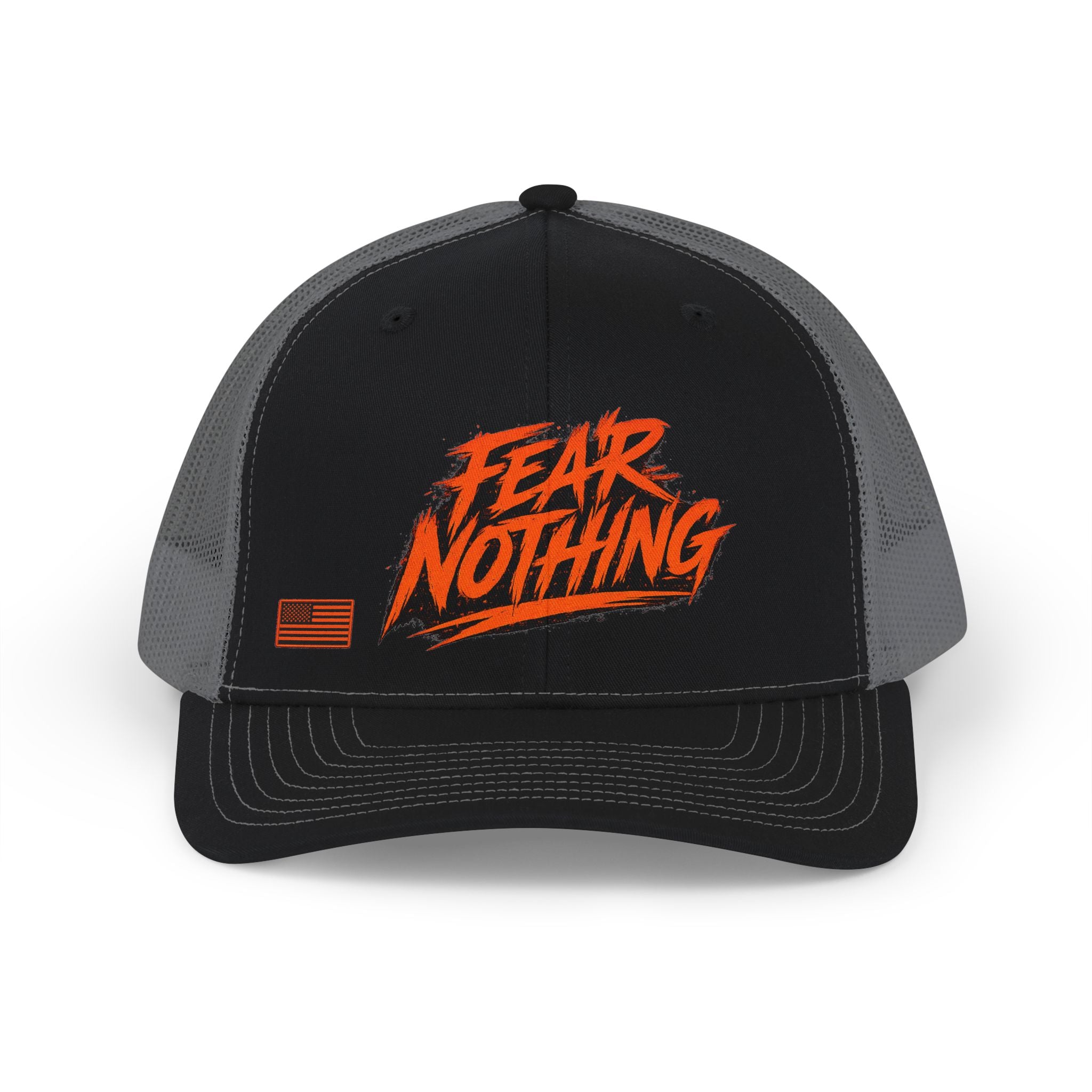 Fear Nothing Orange Trucker Hat - Black / Charcoal | Ironsight Syndicate