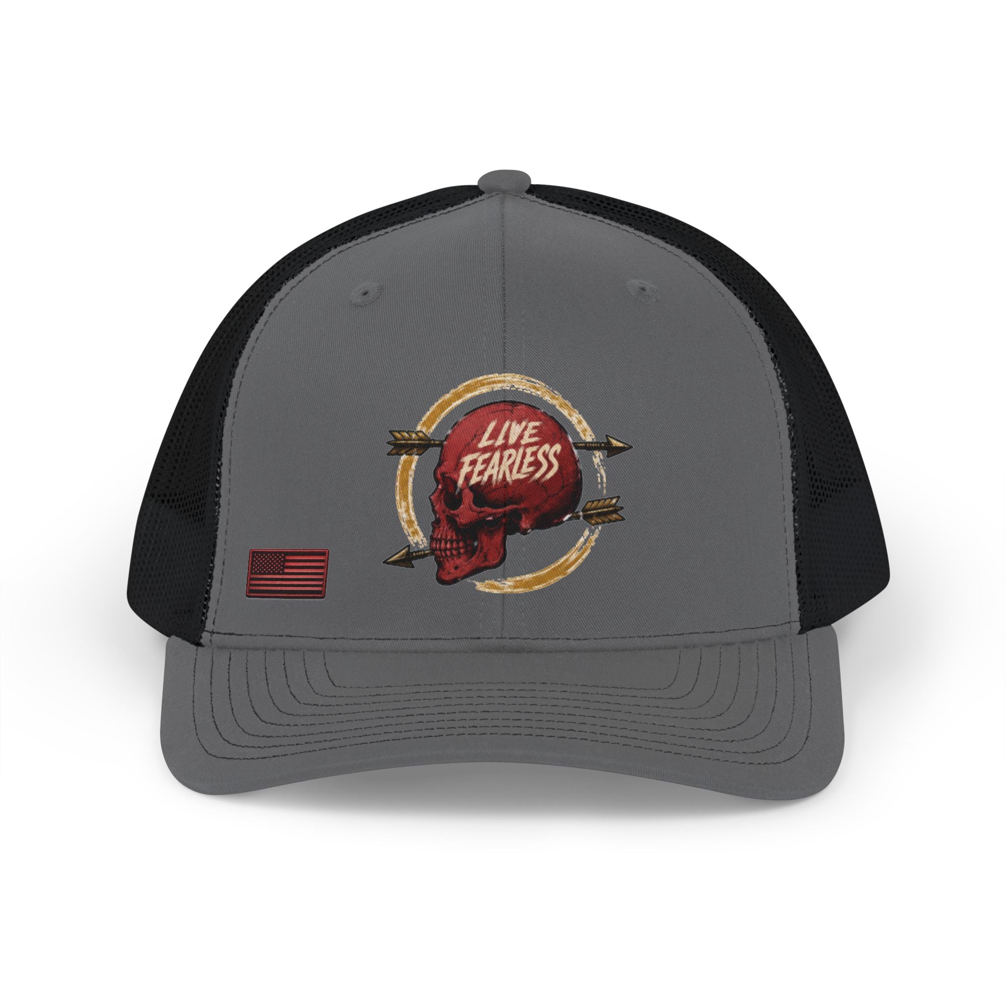 Live Fearless Red Skull Trucker Hat - Charcoal / Black | Ironsight Syndicate