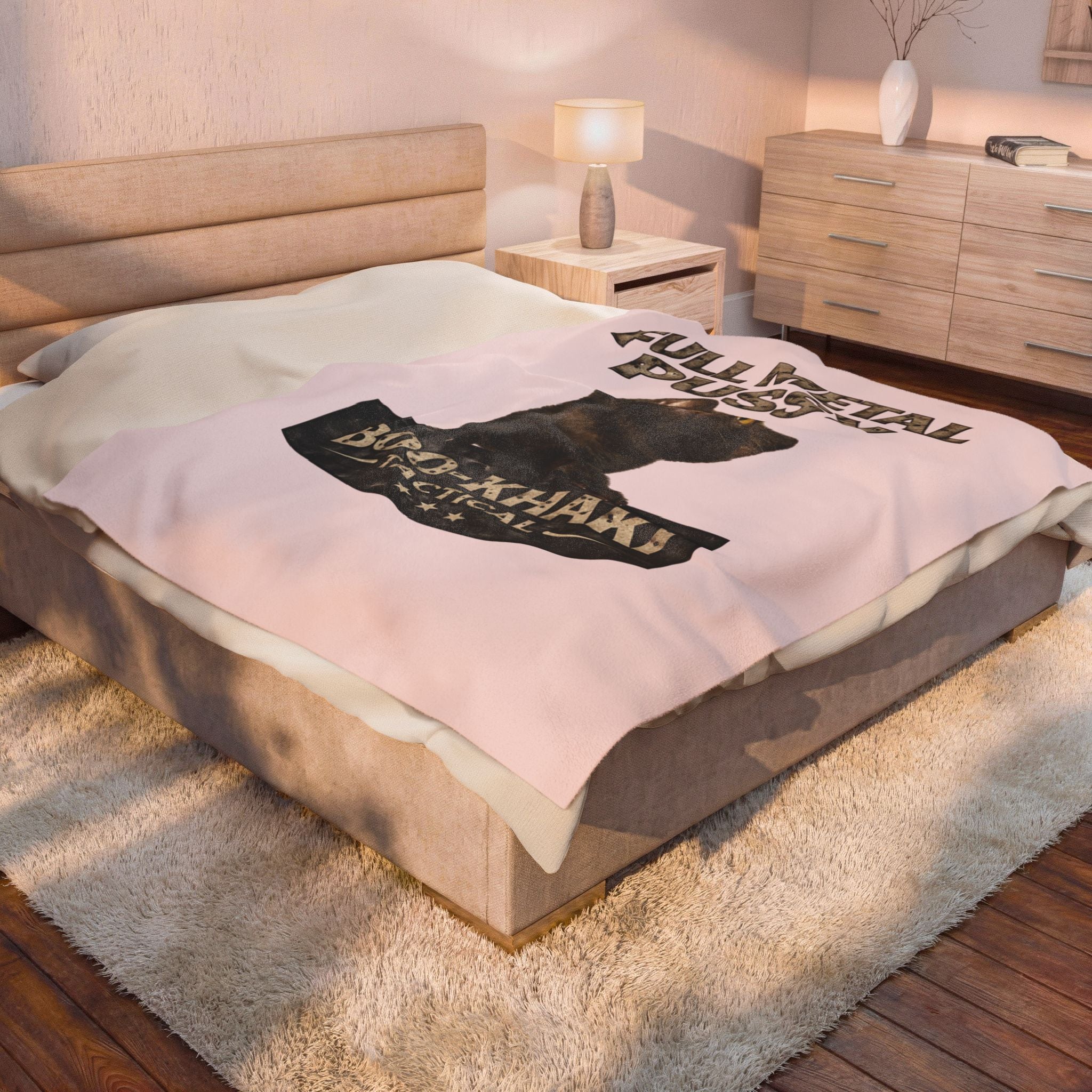 Velveteen Blanket – “Full Metal Pussy” (Cat) Boo-Khaki Tactical Dog Throw