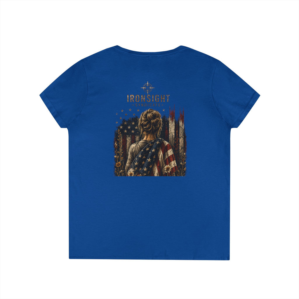 Wrapped in Old Glory-Ladies' V-Neck T-Shirt — Patriotic Sunflower Flag Graphic Tee