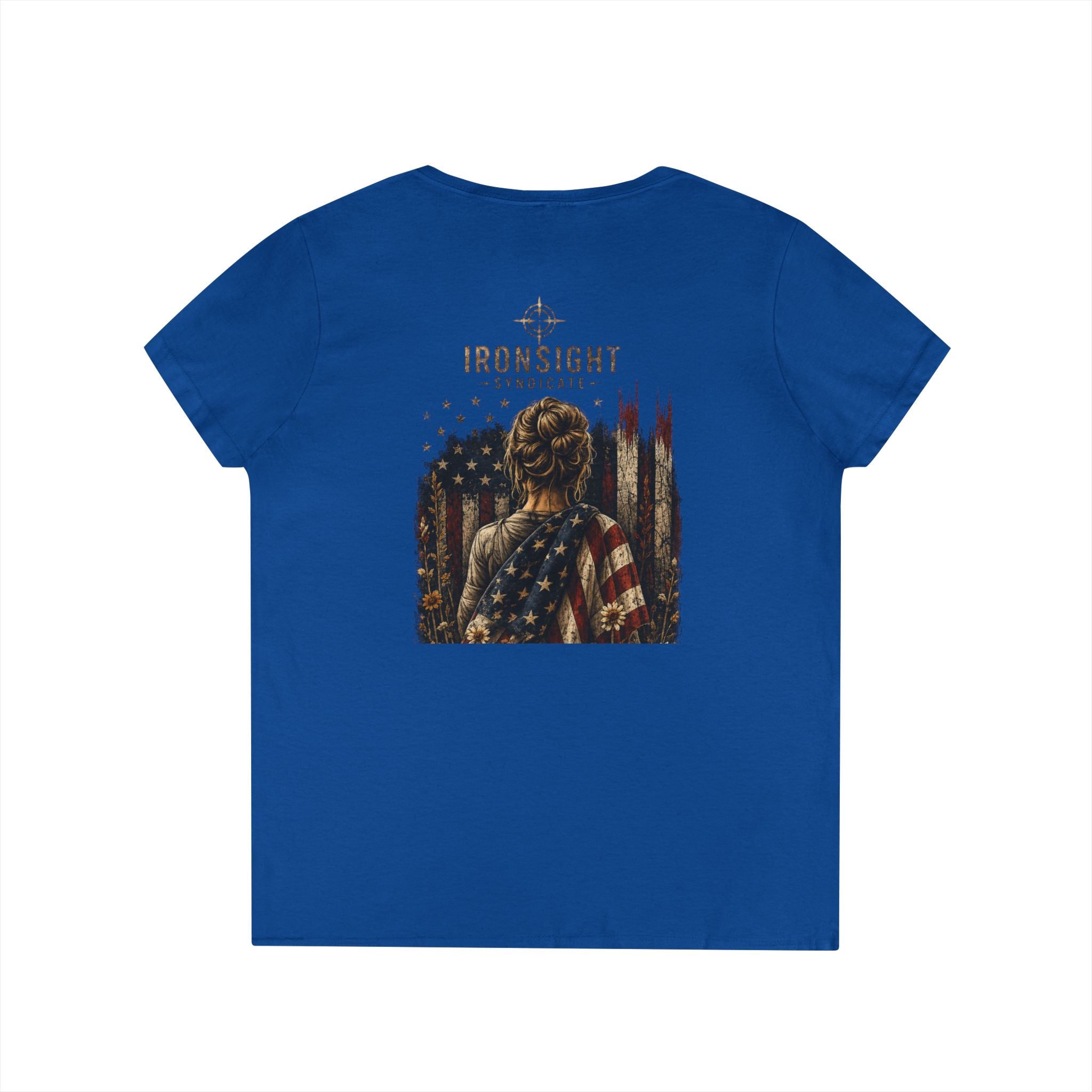 Wrapped in Old Glory-Ladies' V-Neck T-Shirt — Patriotic Sunflower Flag Graphic Tee
