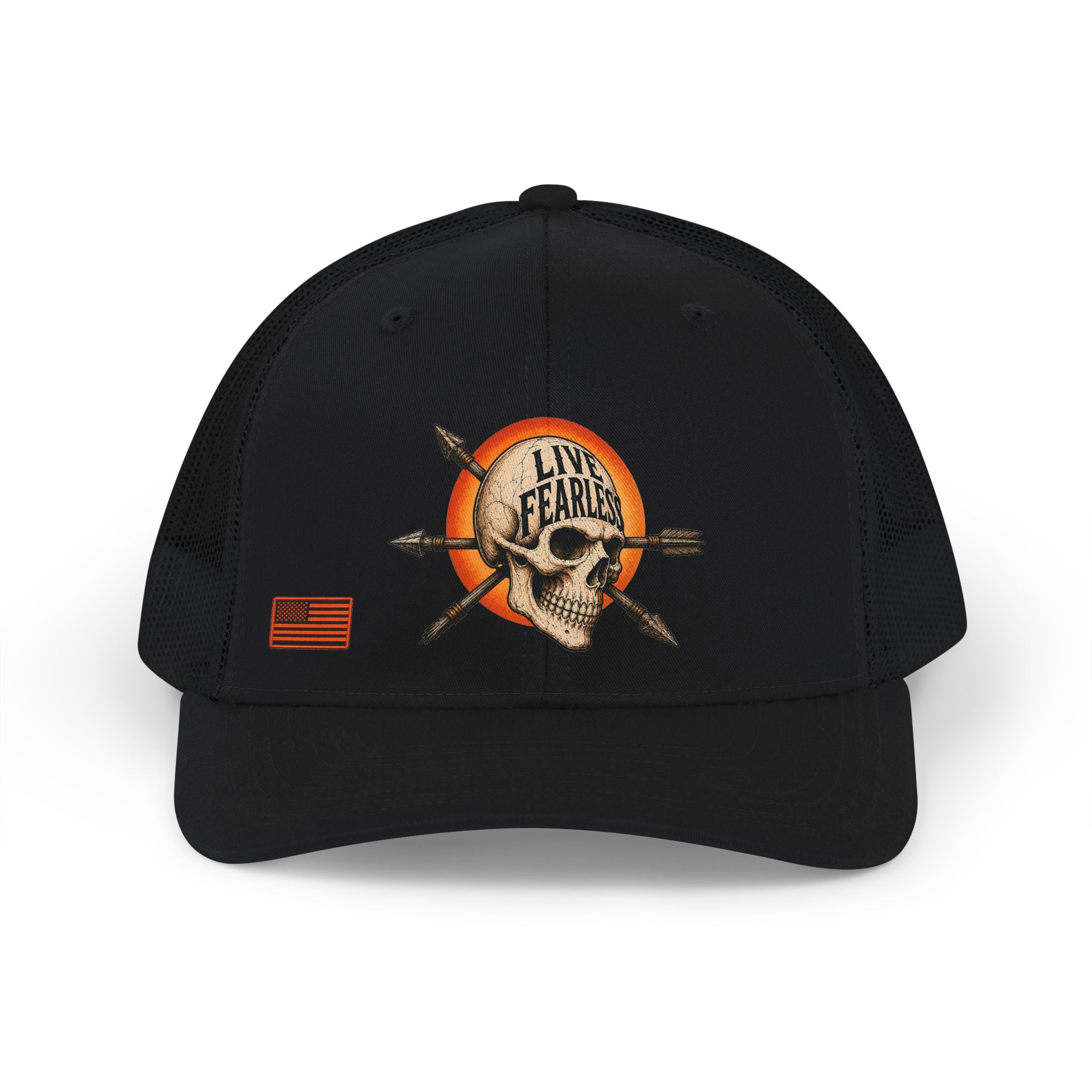 Live Fearless Ancient Warrior Skull Trucker Hat - Black / Black | Ironsight Syndicate