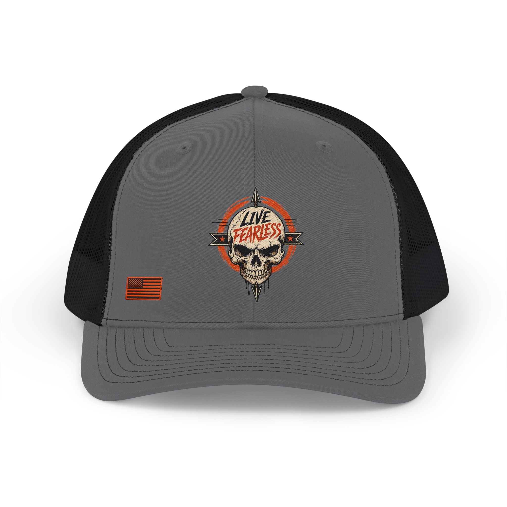 Live Fearless Skull Trucker Hat (w/o arrow) - Charcoal / Black | Ironsight Syndicate