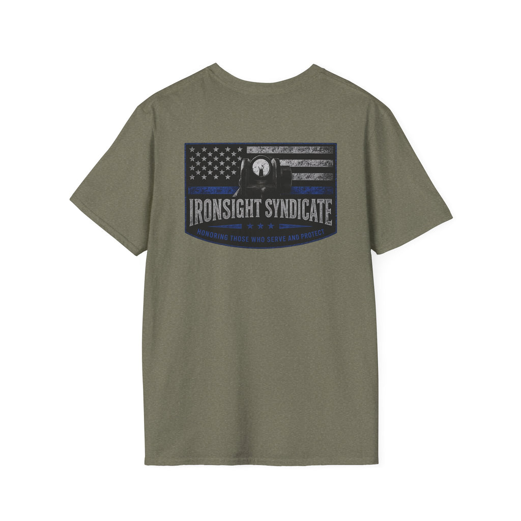 Thin Blue Line- In honor of our Brothers and Sisters in Blue T-Shirt | Patriotic Military Graphic Tee for Veterans & Patriots, Adult (13 and up), unisex