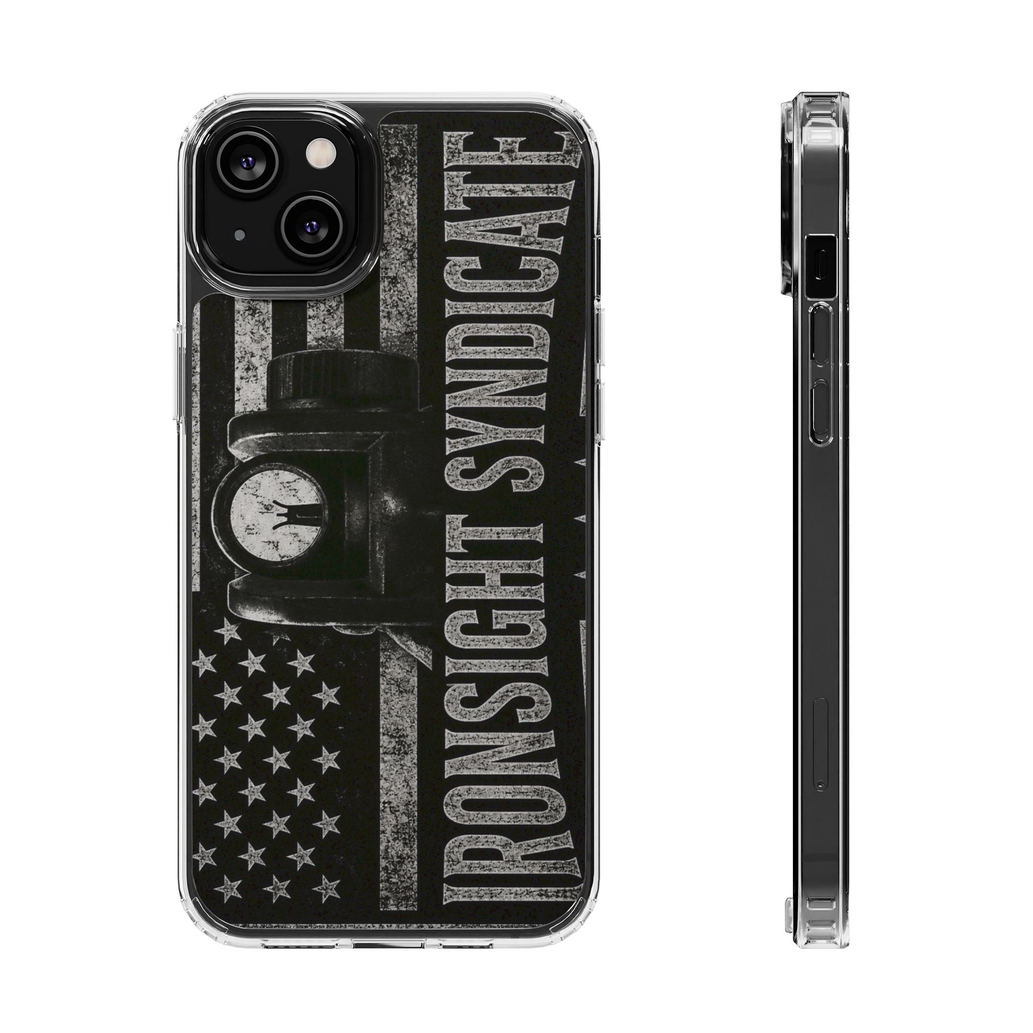 Clear Impact-Resistant Phone Case — "Ironsight Syndicate" Vintage Patriot Design