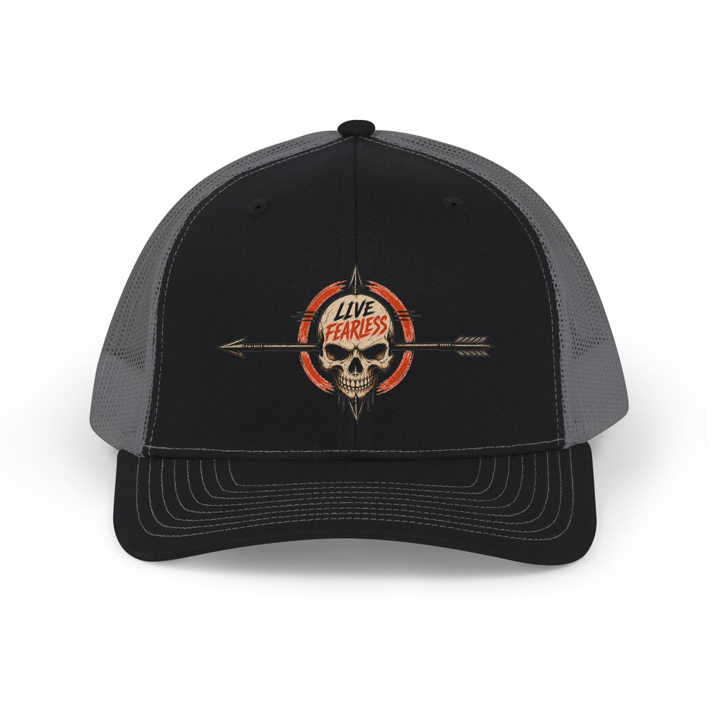 Live Fearless Skull Trucker Hat - Black / Charcoal | Ironsight Syndicate