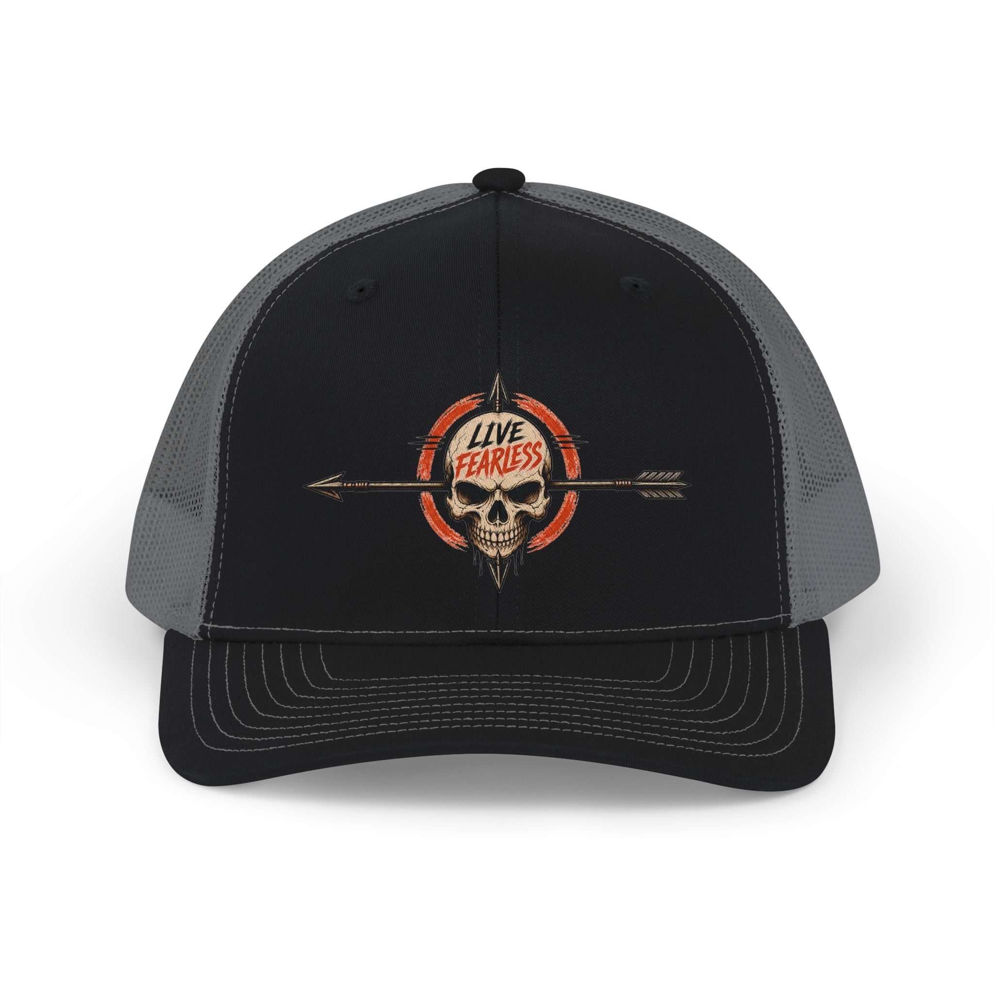 Live Fearless Skull Trucker Hat - Black / Charcoal | Ironsight Syndicate