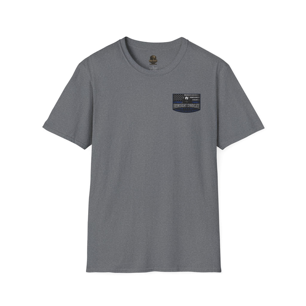 Thin Blue Line- In honor of our Brothers and Sisters in Blue T-Shirt | Patriotic Military Graphic Tee for Veterans & Patriots, Adult (13 and up), unisex
