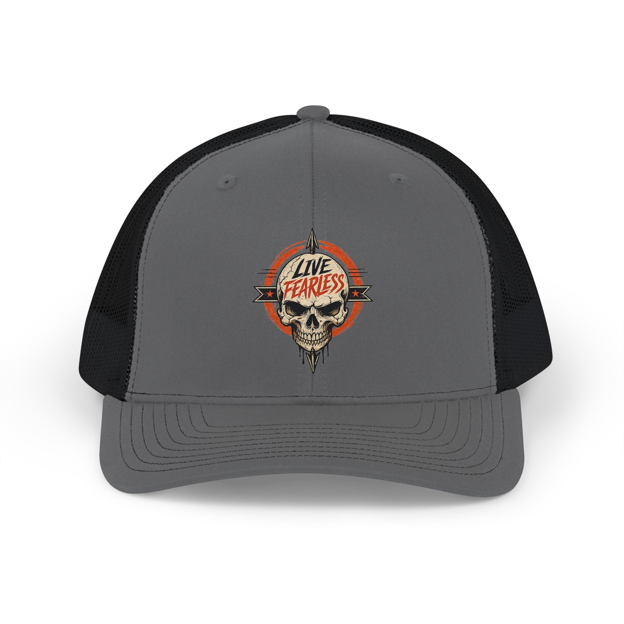 Live Fearless Skull Trucker Hat (Without Arrow) - Charcoal / Black | Ironsight Syndicate