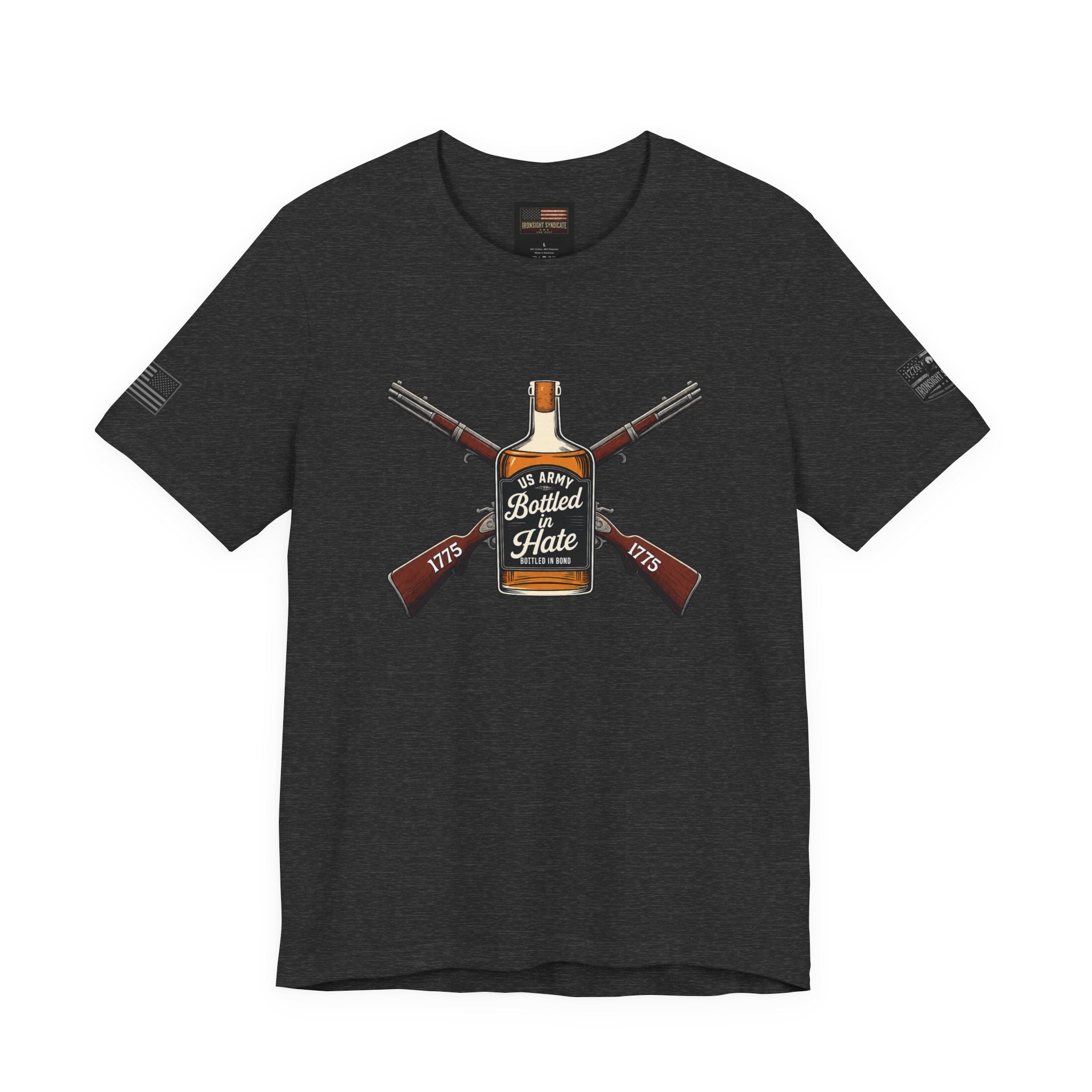 Bottled in Hate Army Whiskey T-Shirt - Dark Grey Heather | Ironsight Syndicate