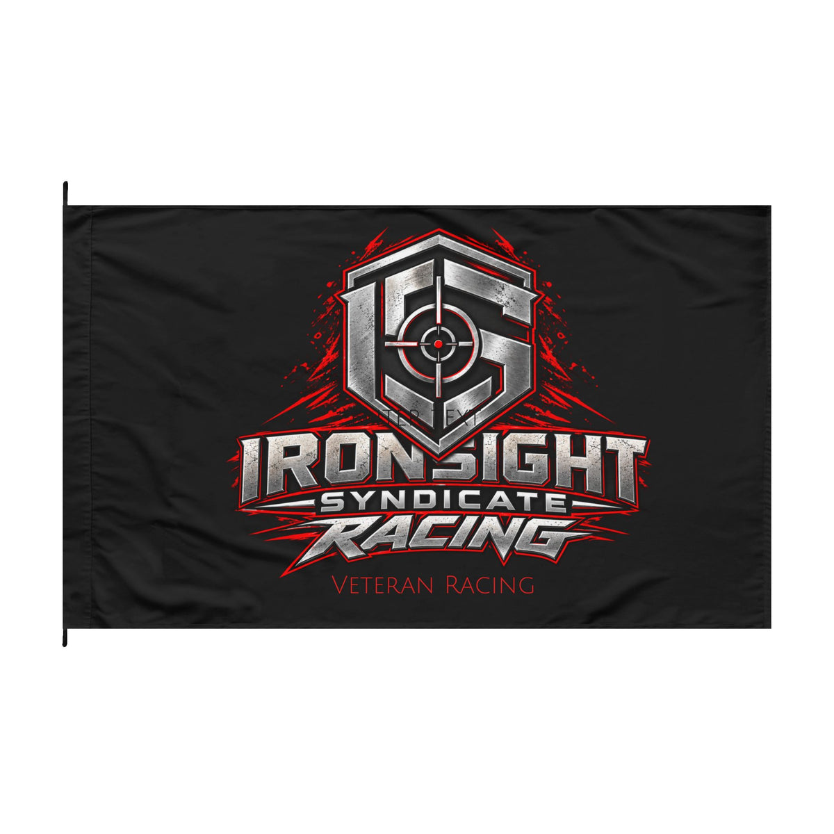 Ironsight Syndicate Racing double-sided flag, chrome and red Racing shield with Veteran Racing on black, front, 60 x 36 inch