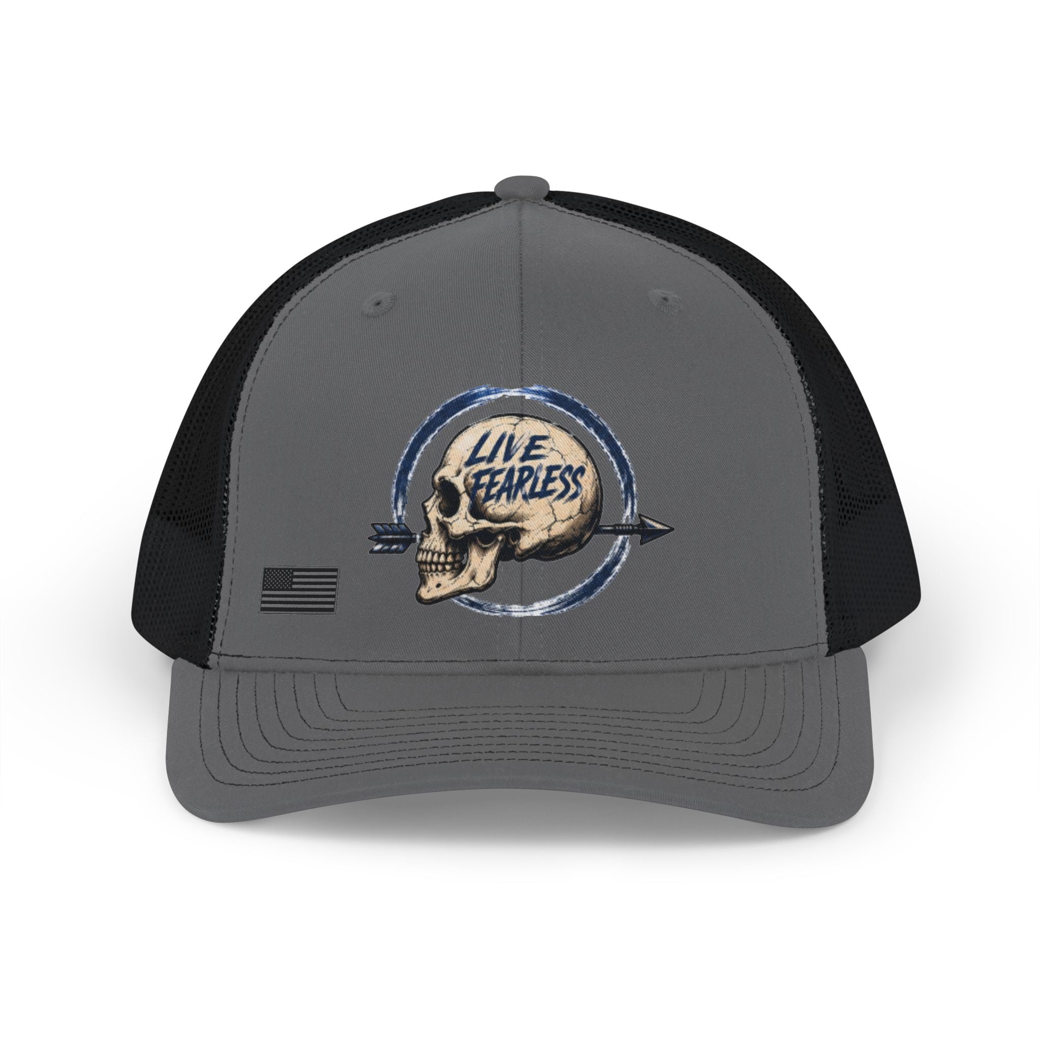 Live Fearless Blue Skull Trucker Hat - Charcoal / Black | Ironsight Syndicate