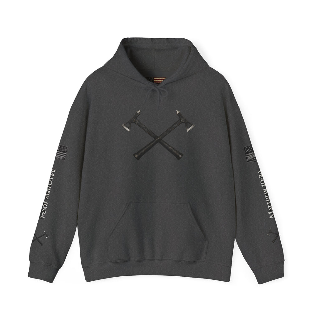 Matthew 10:34 Hooded Sweatshirt - Dark Heather | Ironsight Syndicate