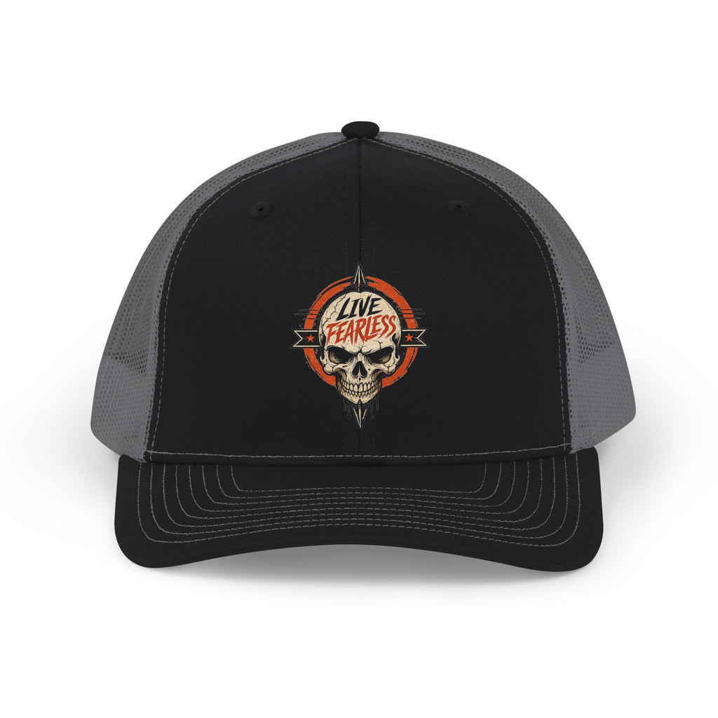 Live Fearless Skull Trucker Hat (Without Arrow) - Black / Charcoal | Ironsight Syndicate