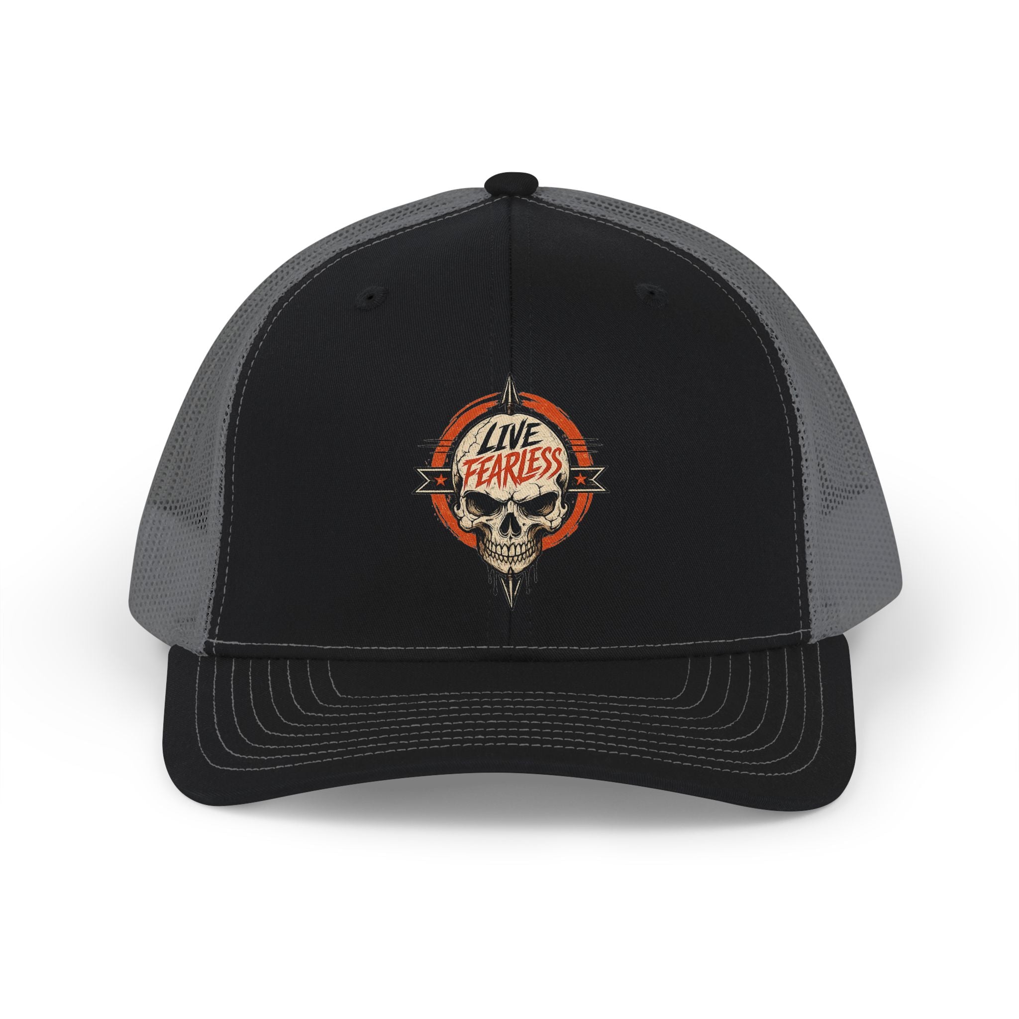 Live Fearless Skull Trucker Hat (Without Arrow) - Black / Charcoal | Ironsight Syndicate