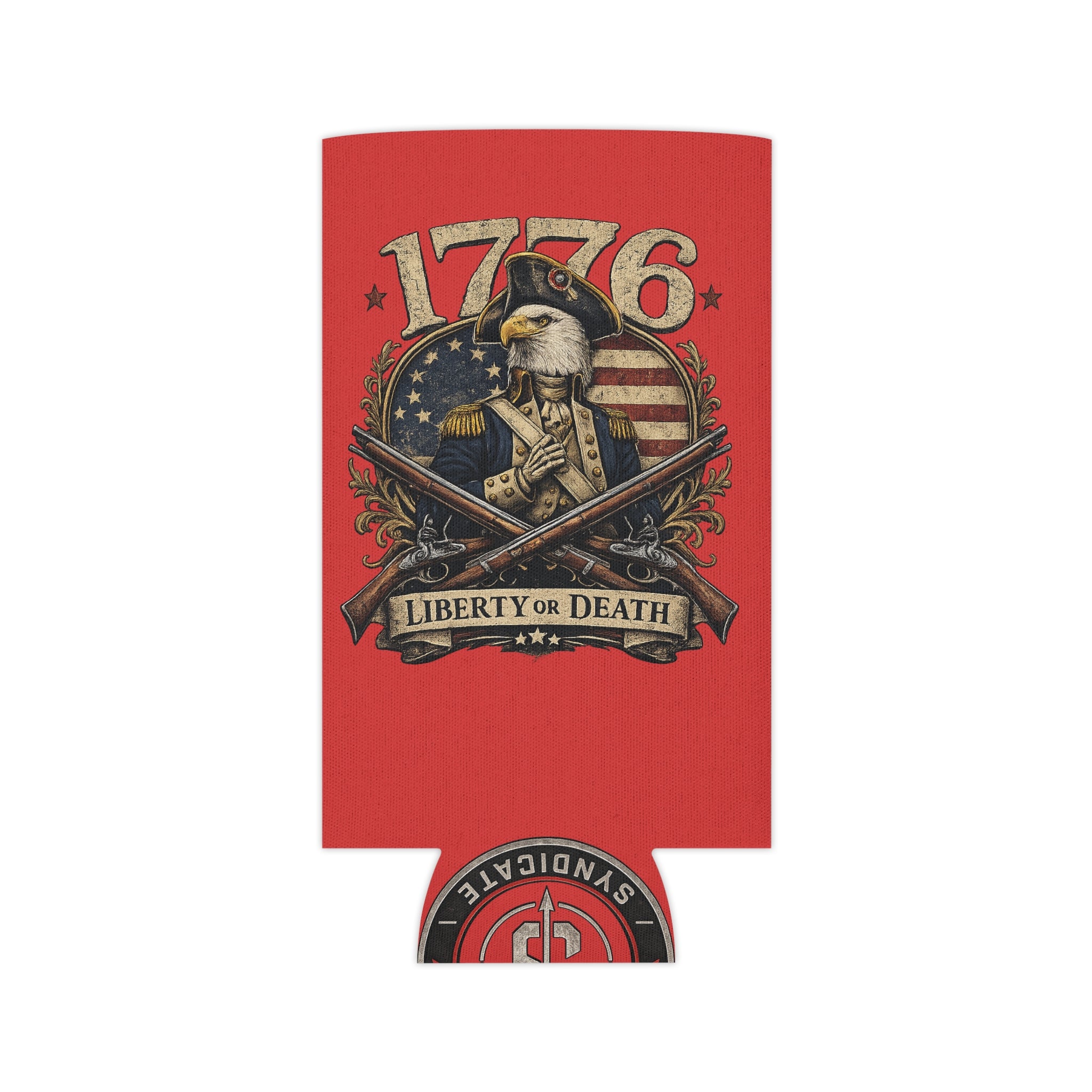 1776 Liberty or Death Patriotic Can Cooler | American Flag Skeleton Beer Koozie for Veterans & Patriots
