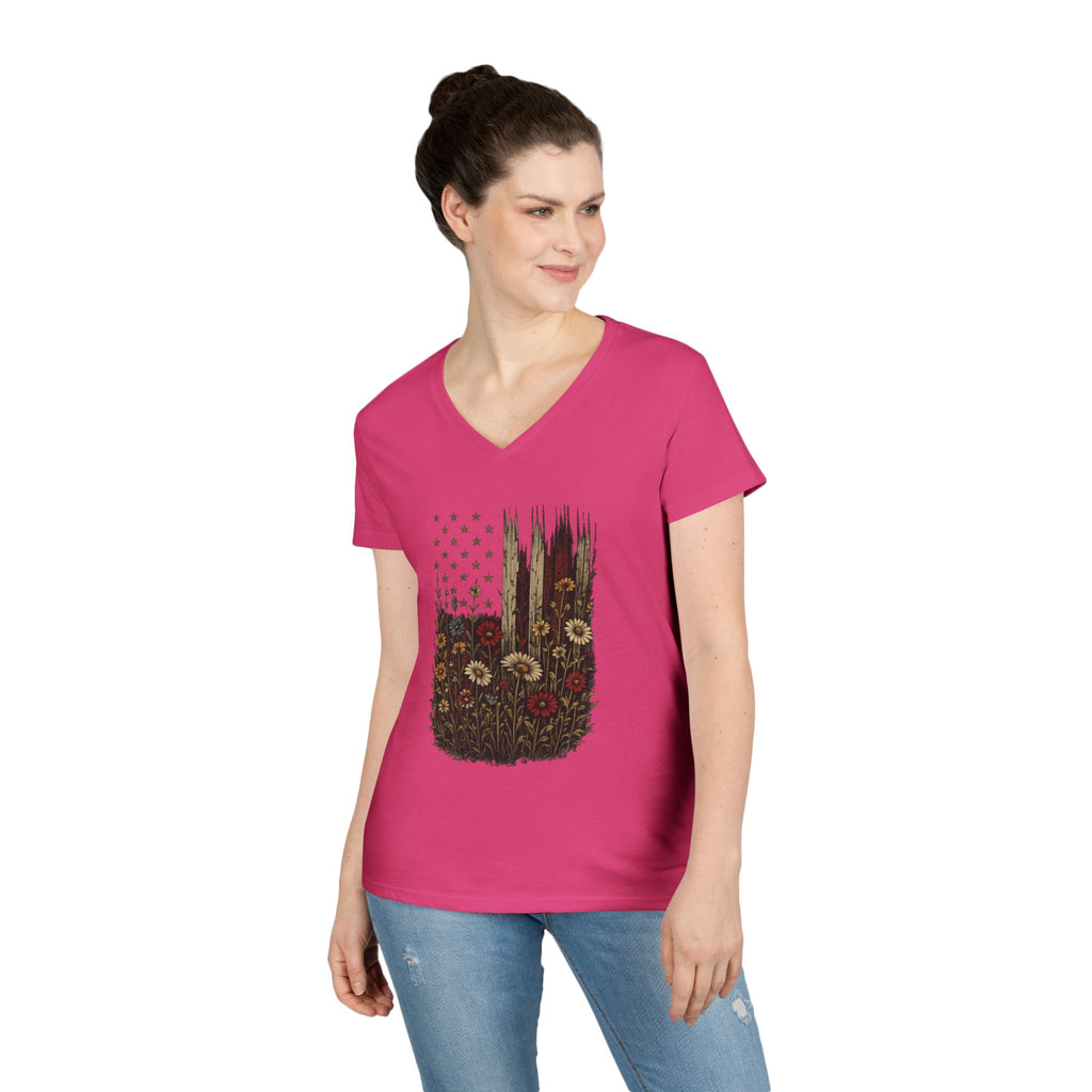 Wrapped in Old Glory-Ladies' V-Neck T-Shirt — Patriotic Sunflower Flag Graphic Tee