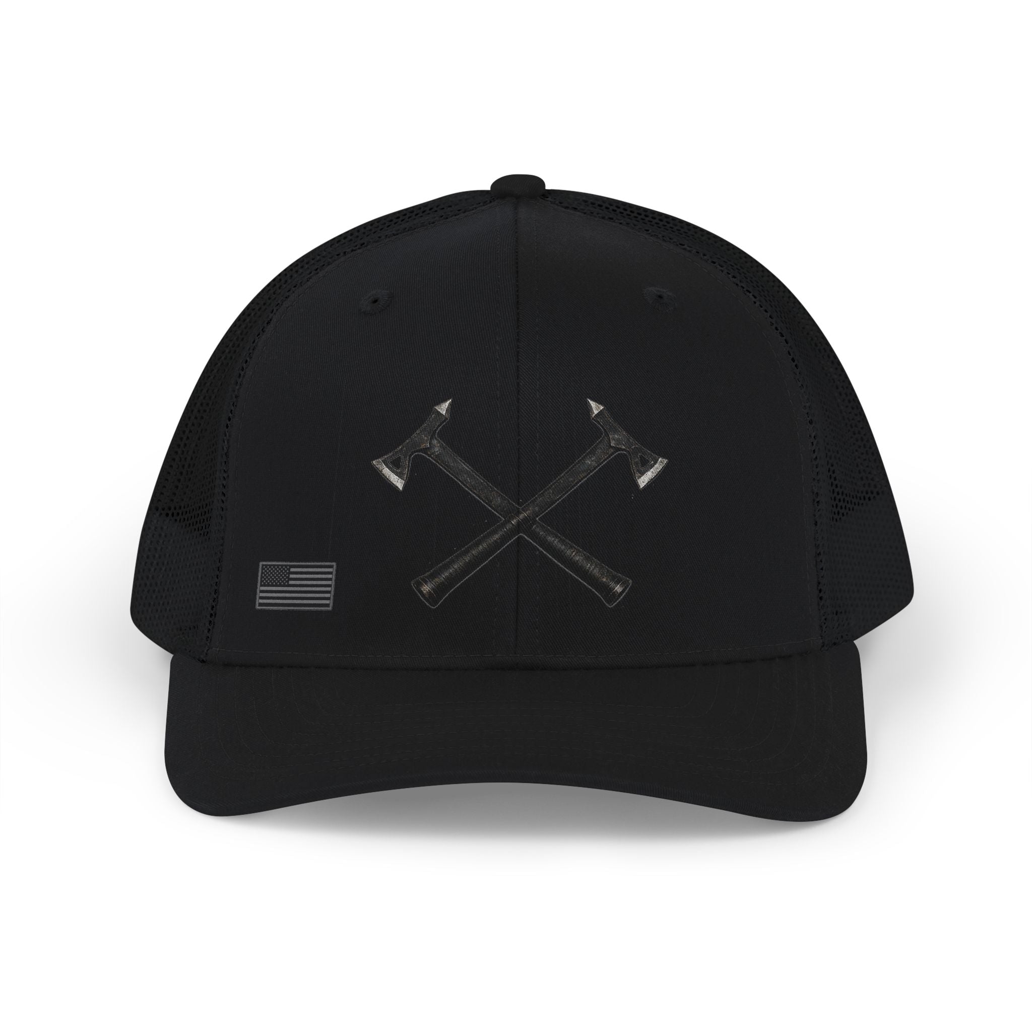 Crossed Hatchets Trucker Cap - Black / Black | Ironsight Syndicate