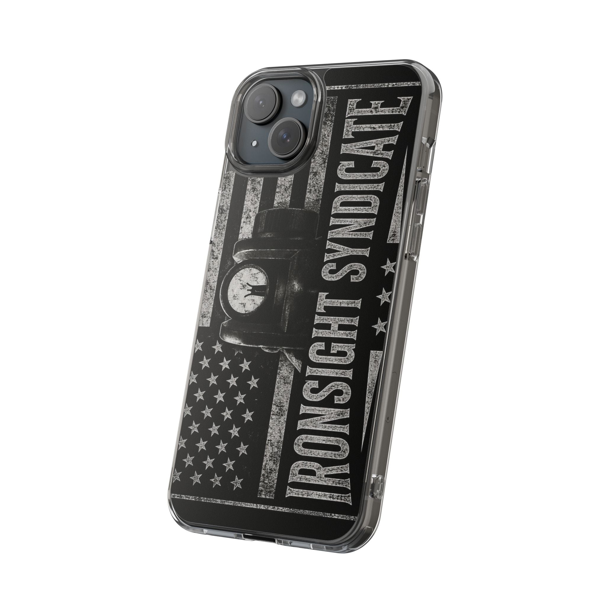 Clear Impact-Resistant Phone Case — "Ironsight Syndicate" Vintage Patriot Design