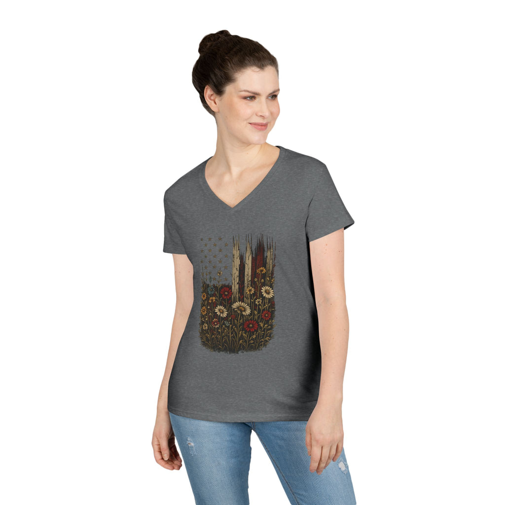 Wrapped in Old Glory-Ladies' V-Neck T-Shirt — Patriotic Sunflower Flag Graphic Tee