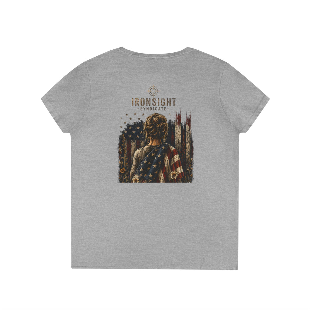 Wrapped in Old Glory-Ladies' V-Neck T-Shirt — Patriotic Sunflower Flag Graphic Tee