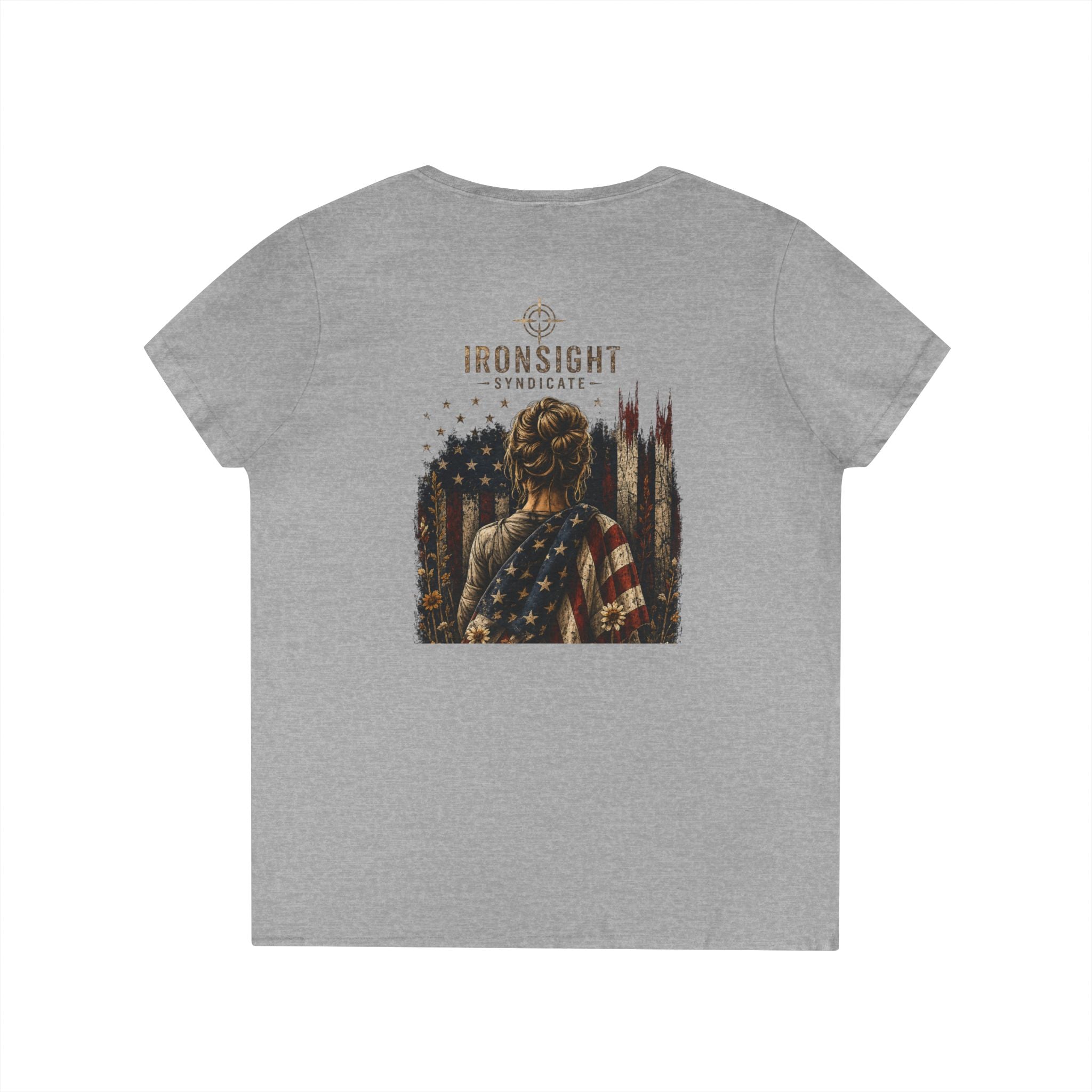 Wrapped in Old Glory-Ladies' V-Neck T-Shirt — Patriotic Sunflower Flag Graphic Tee
