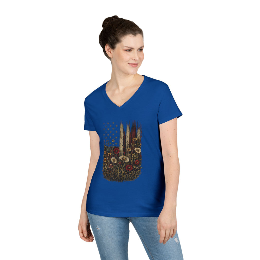 Wrapped in Old Glory-Ladies' V-Neck T-Shirt — Patriotic Sunflower Flag Graphic Tee