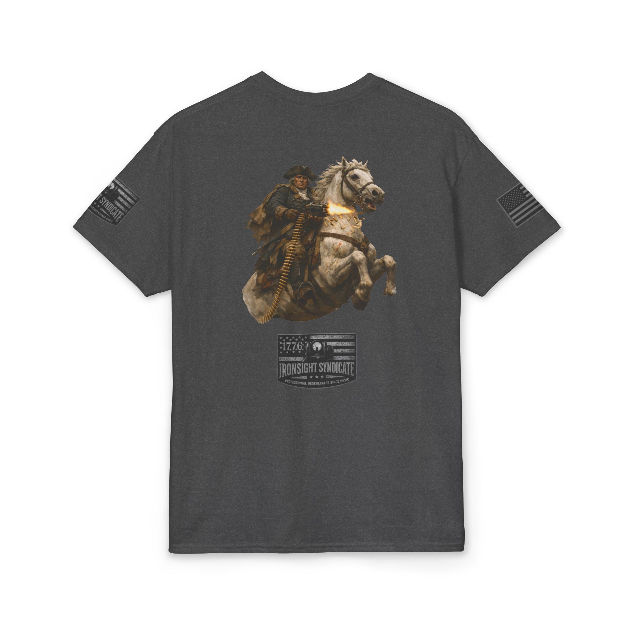 Machine gun George Washington  T-Shirt | Patriotic Military Graphic Tee for Veterans & Patriots, Adult (13 and up), unisex