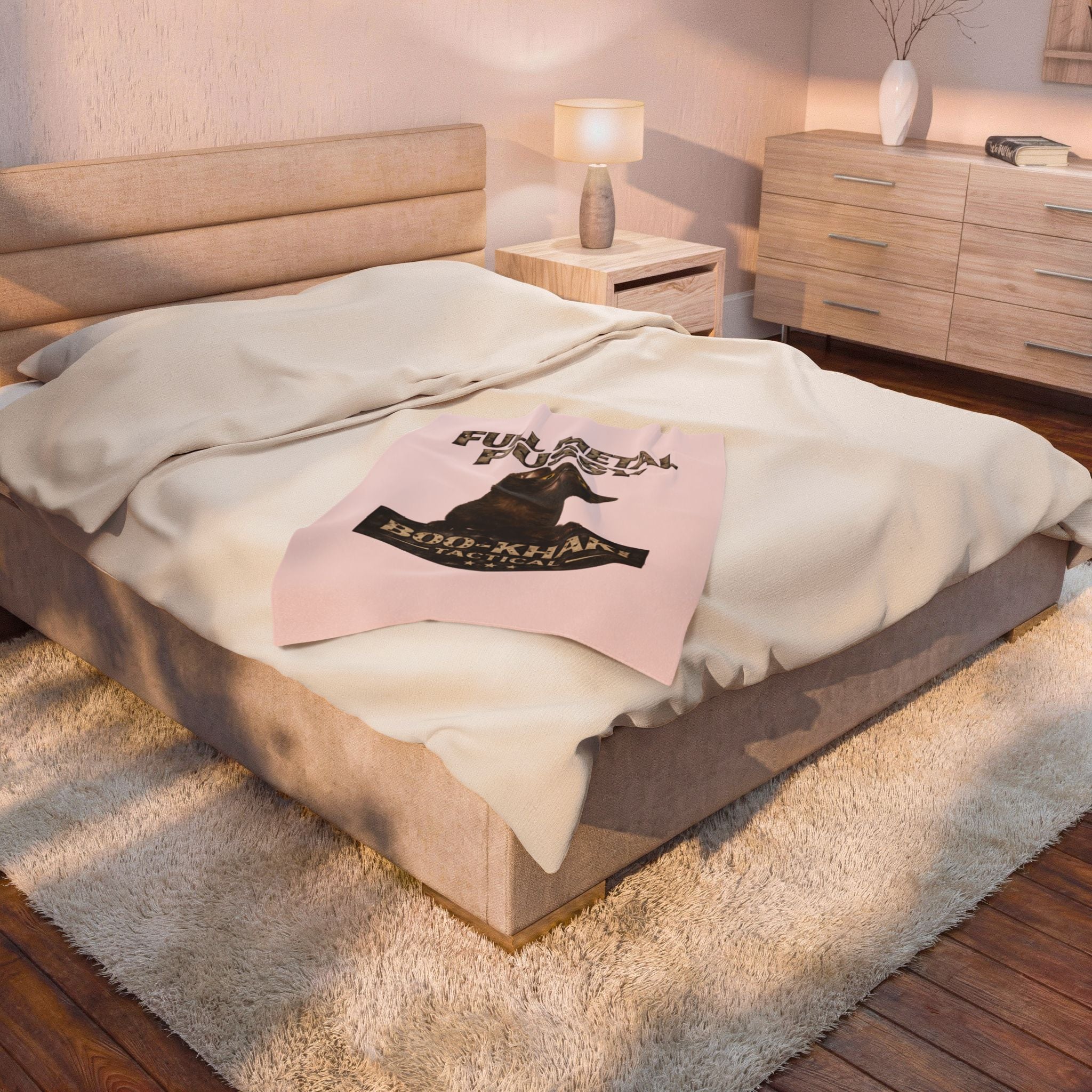 Velveteen Blanket – “Full Metal Pussy” (Cat) Boo-Khaki Tactical Dog Throw