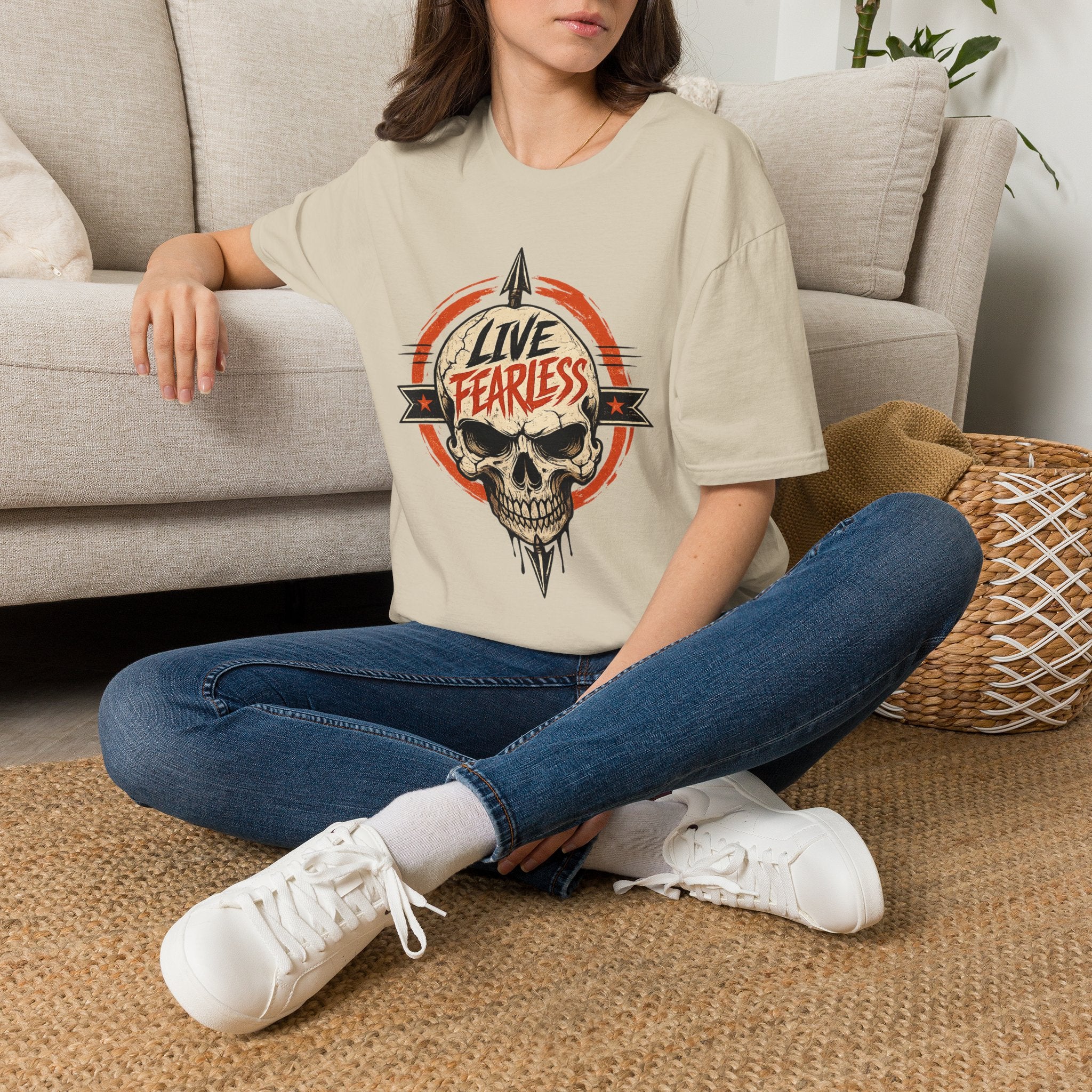 Live Fearless Skull Military T-Shirt (Front and Back) - Sand | Ironsight Syndicate