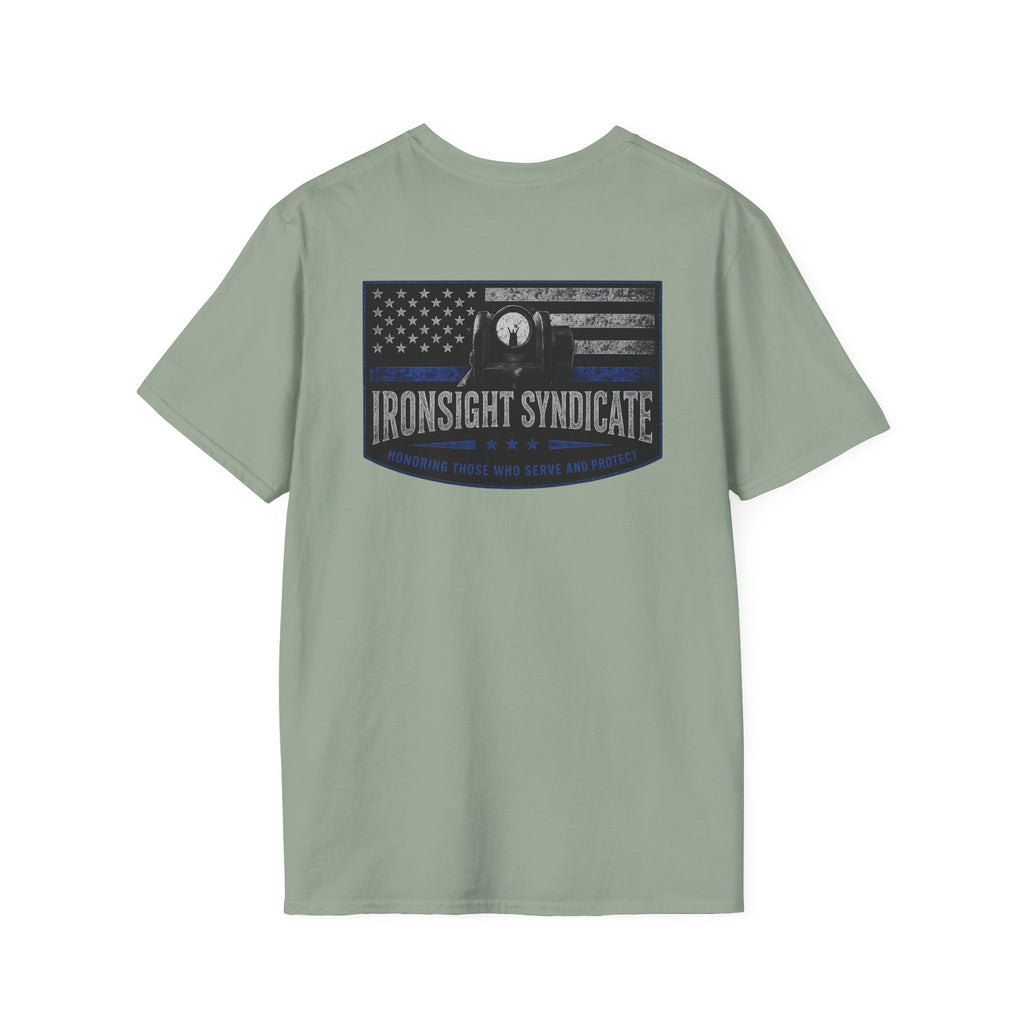 Thin Blue Line- In honor of our Brothers and Sisters in Blue T-Shirt | Patriotic Military Graphic Tee for Veterans & Patriots, Adult (13 and up), unisex