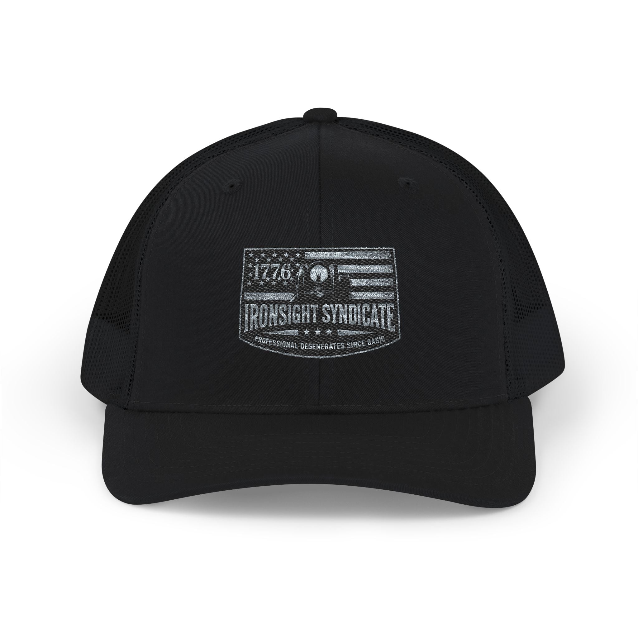 Iron Sight Syndicate 1776 American flag embroidered Trucker Cap