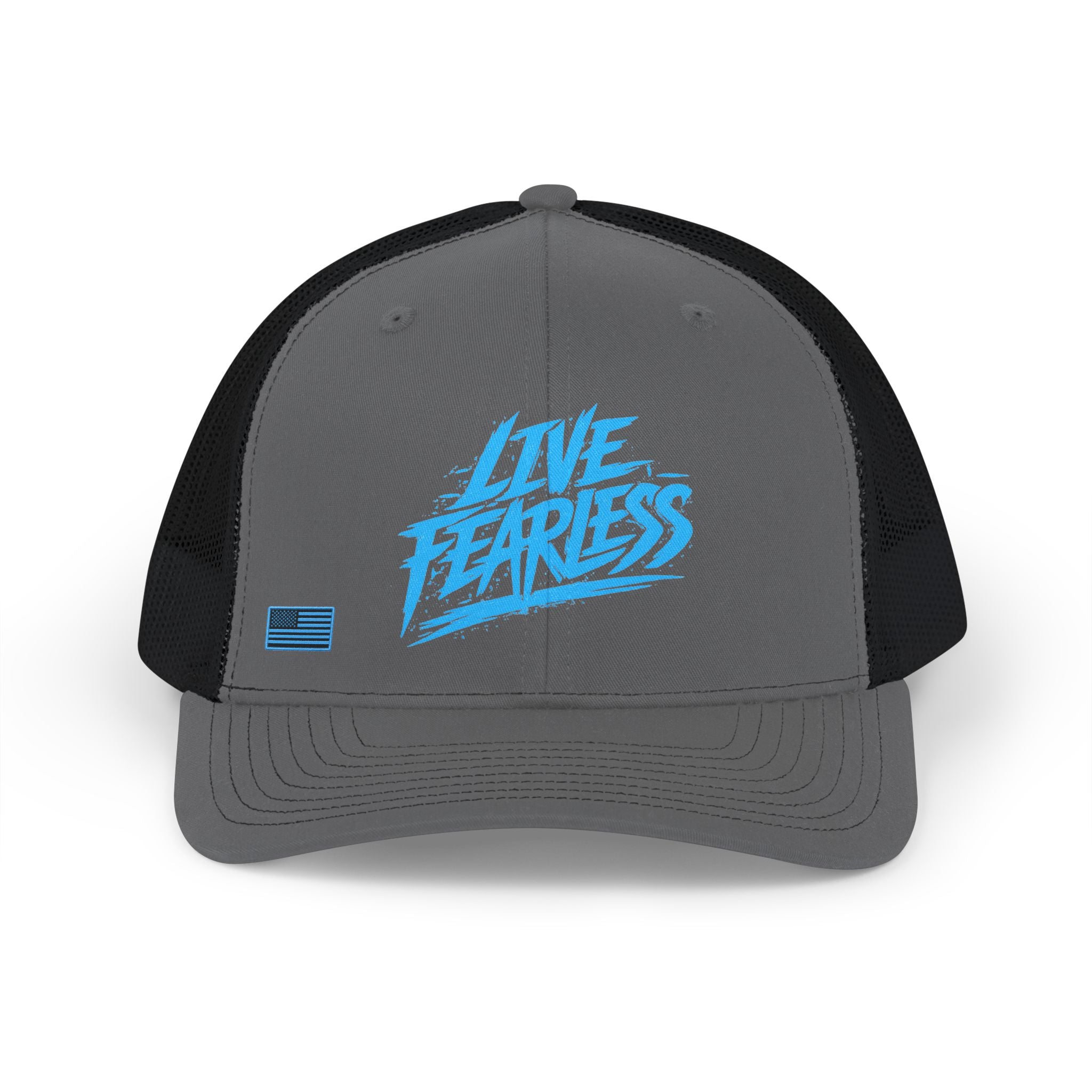 Live Fearless Blue Trucker Hat - Charcoal / Black | Ironsight Syndicate