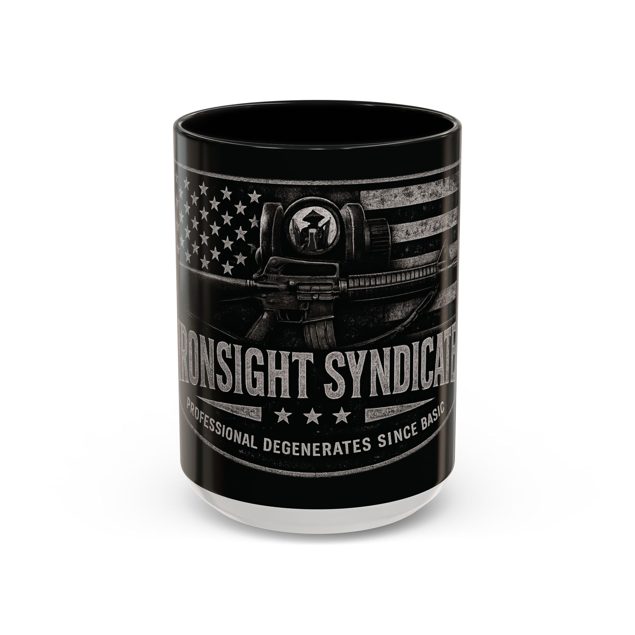Tactical Coffee Mug — 'Ironsight Syndicate' Black Accent Military Flag Design (11/15oz)