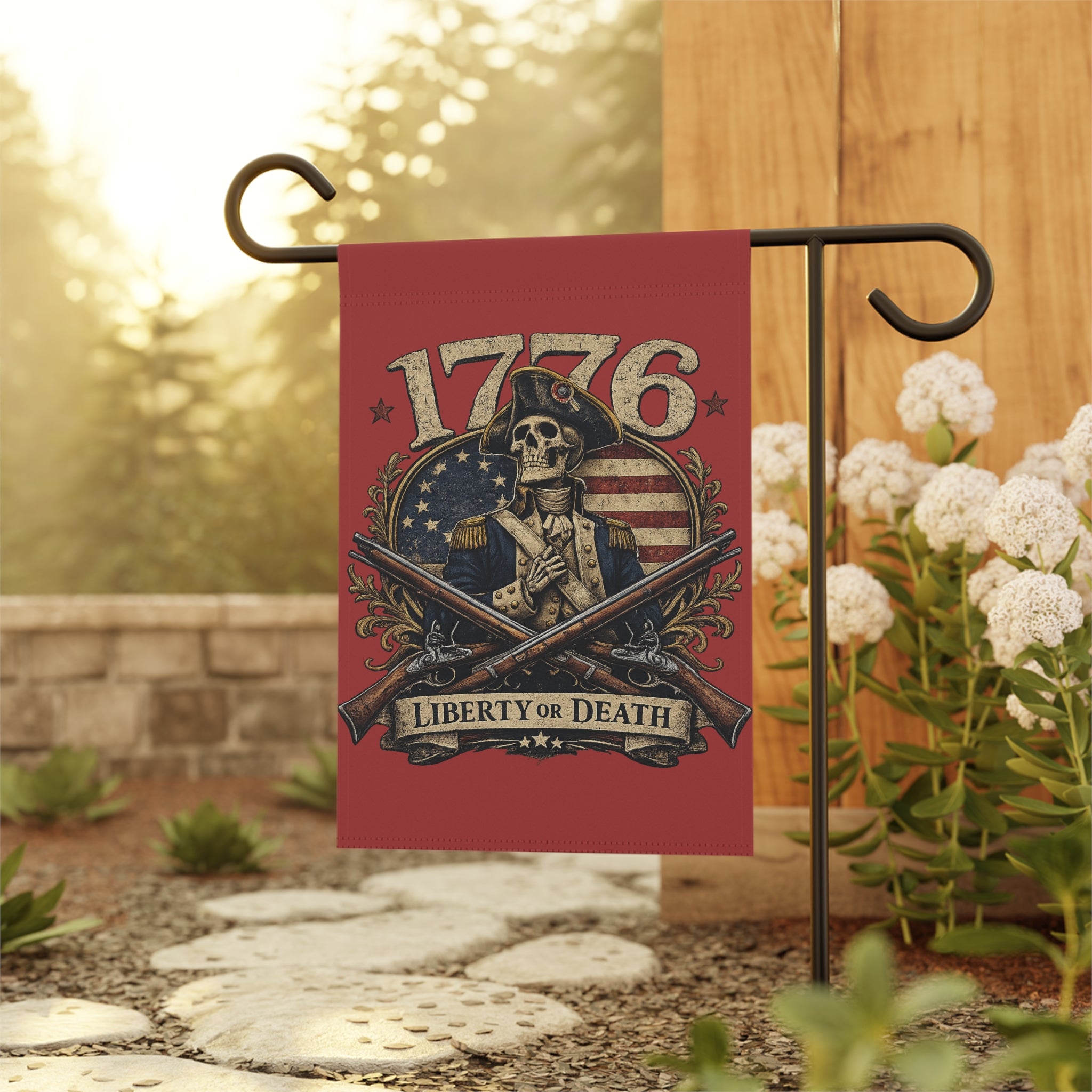 Skully Red Patriotic 1776 Garden Flag – 'Liberty or Death' Eagle House Banner
