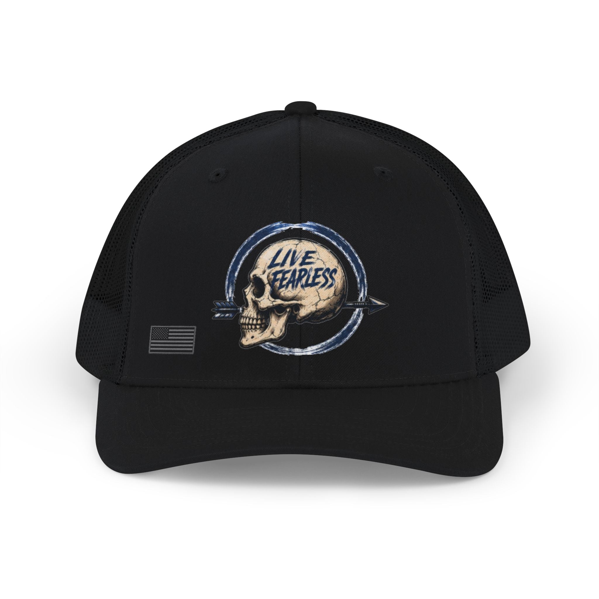 Live Fearless Blue Skull Trucker Hat - Black / Black | Ironsight Syndicate